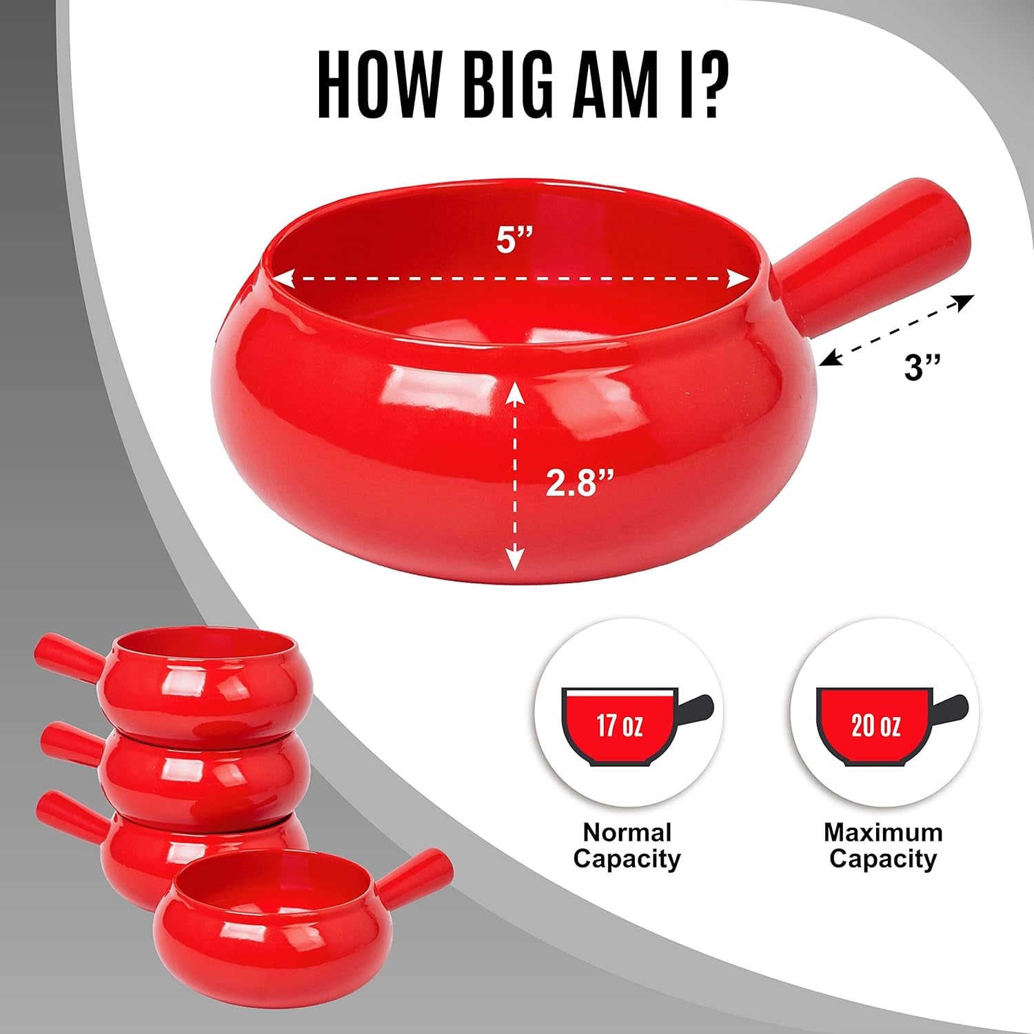 17 Oz round Soup Bowl with Handle Set of 4, 17 Ounce Small French Onion Soup Crocks in Red Color for Kitchen or Dinner Table Decoration