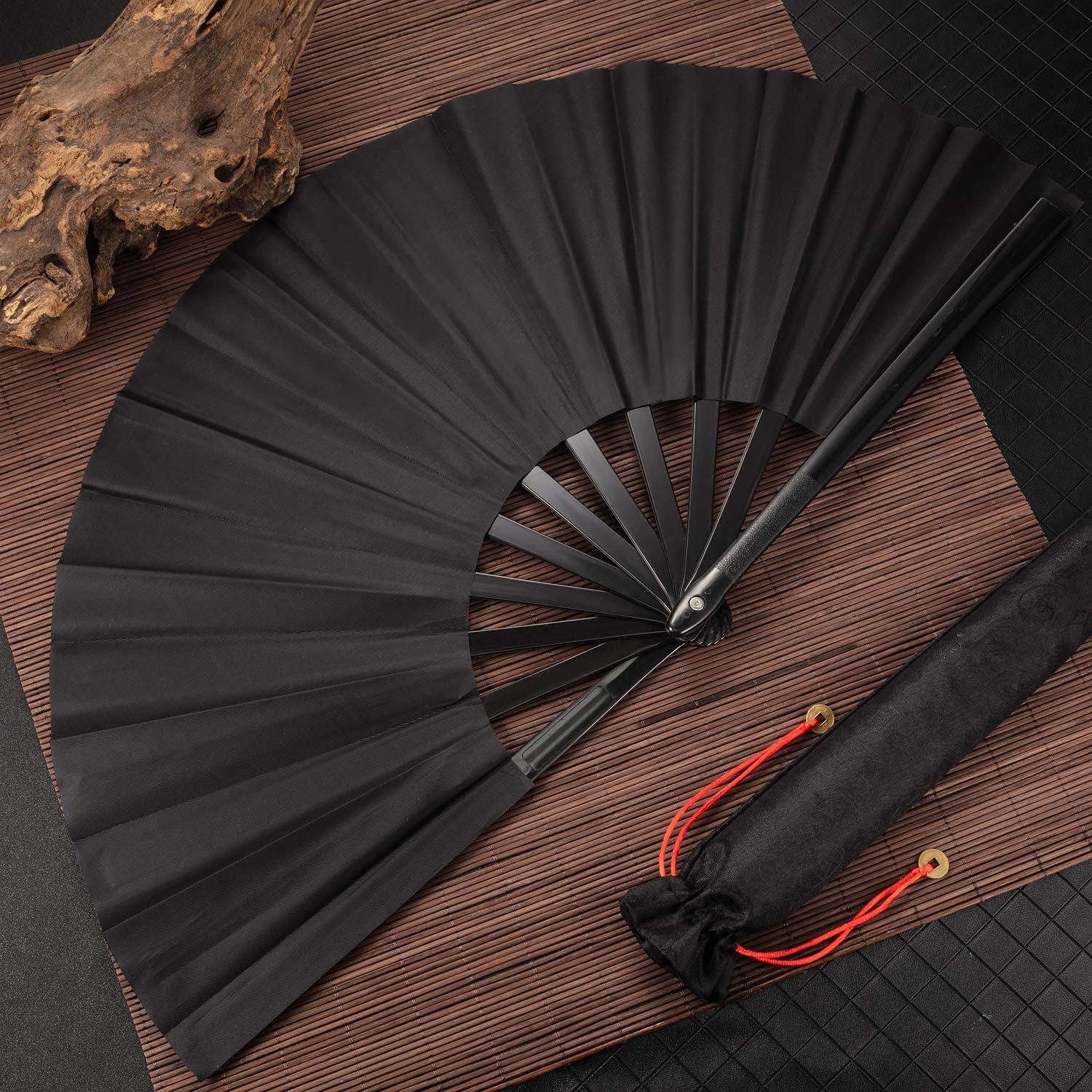 6 Packs Large Clap Fans for Line Dancing Large Chinese Folding Hand Fans for Men and Women, Festival, Tai Ji, Kungfu, Martial Art, Gifts (Black)