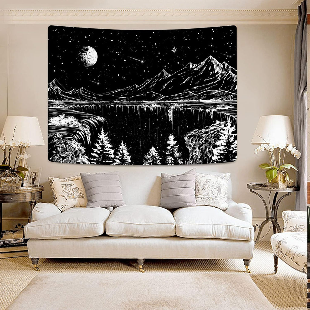 Black and White Tapestry Starry Night Mountain Tapestries for Bedroom Aesthetic Moon and Stars Tapastry'S Wall Hanging Dark Nature Forest Wall Tapestry for Living Room Dorm (48'' × 36'')