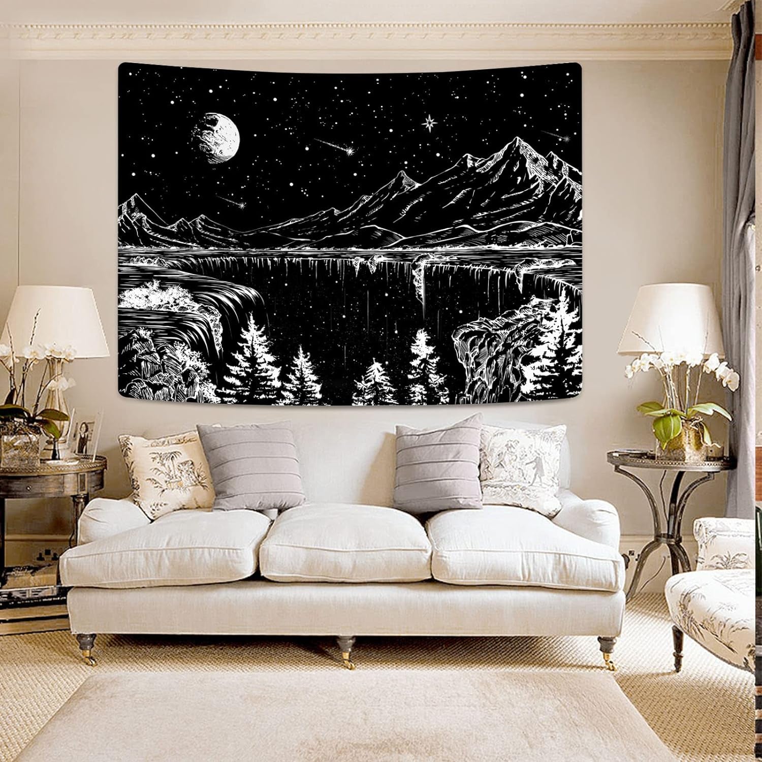 Black and White Tapestry Starry Night Mountain Tapestries for Bedroom Aesthetic Moon and Stars Tapastry'S Wall Hanging Dark Nature Forest Wall Tapestry for Living Room Dorm (48'' × 36'')