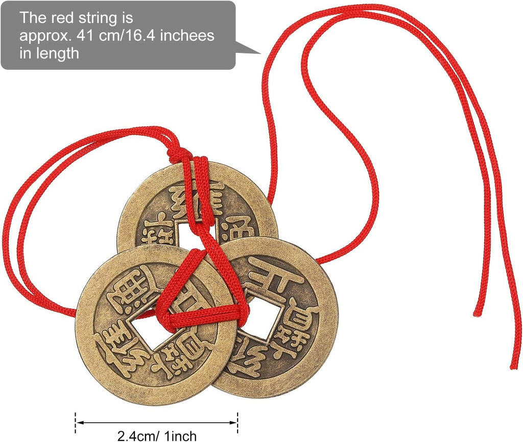Chinese Fortune Coins Feng Shui I Ching Good Luck Coins Traditional Brass New Year Favor with Red String for Wealth and Success, 5 Styles (15 Pieces)