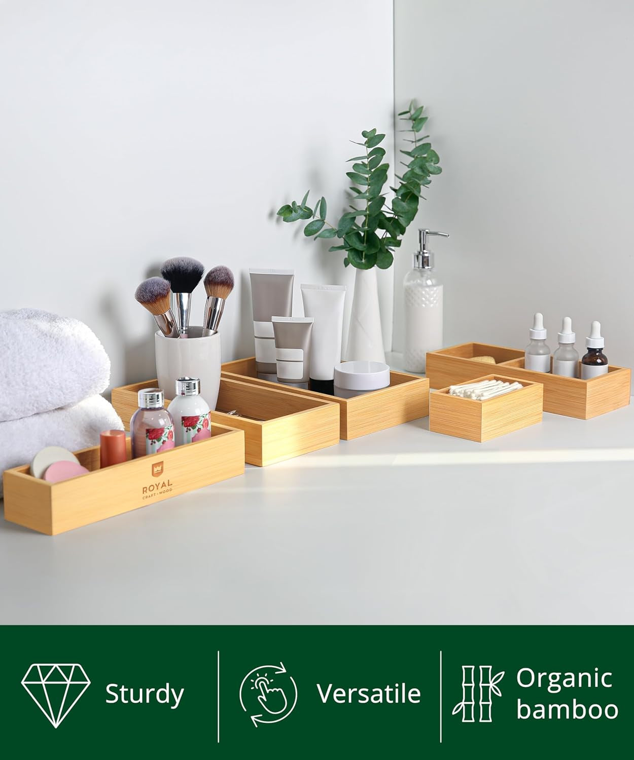 5-Piece Bamboo Drawer Organizer Set – Multi-Use Storage Trays for Kitchen, Bathroom, Office, Makeup, Jewelry & More – Junk Drawer Tray, Utensil Holder, Storage Box & Bin Set (5 Boxes)