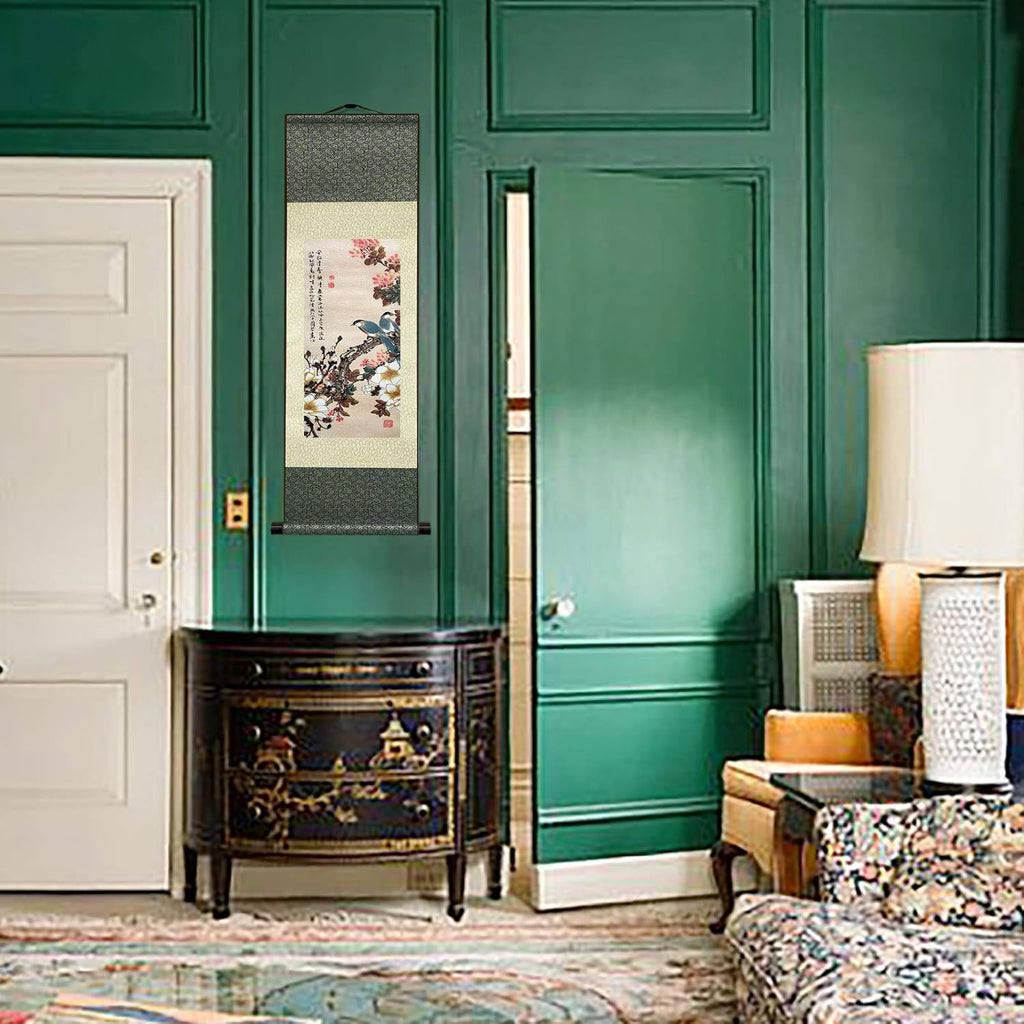 Asian Wall Decor Beautiful Silk Scroll Painting Flowers and Birds Oriental Decor Chinese Art Wall Scroll Wall Hanging Painting Scroll (36.2 X 12 In)