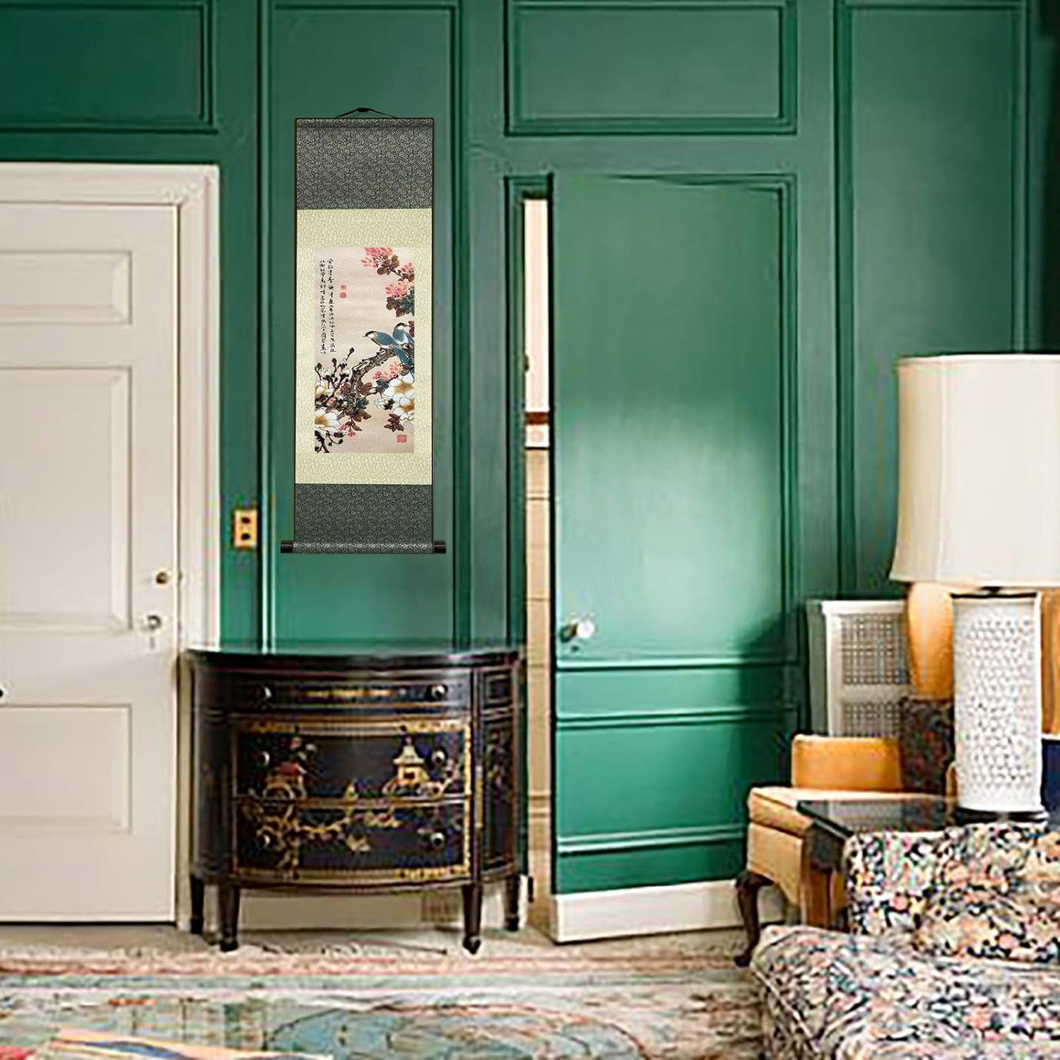 Asian Wall Decor Beautiful Silk Scroll Painting Flowers and Birds Oriental Decor Chinese Art Wall Scroll Wall Hanging Painting Scroll (36.2 X 12 In)