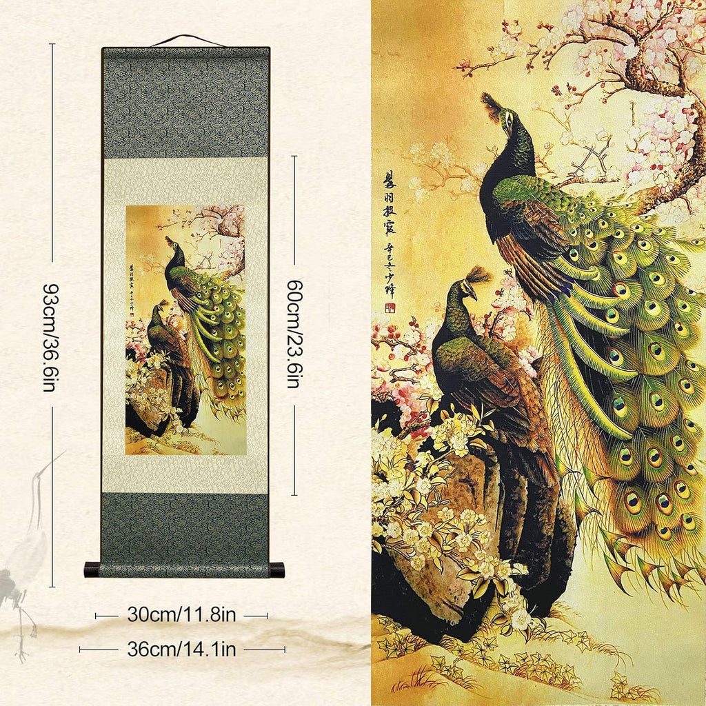 Asian Wall Decor Beautiful Silk Scroll Painting Birds - Peacock - Cuiyu Pixia Oriental Decor Chinese Art Wall Scroll Wall Hanging Painting Scroll (36.2 X 12 In)