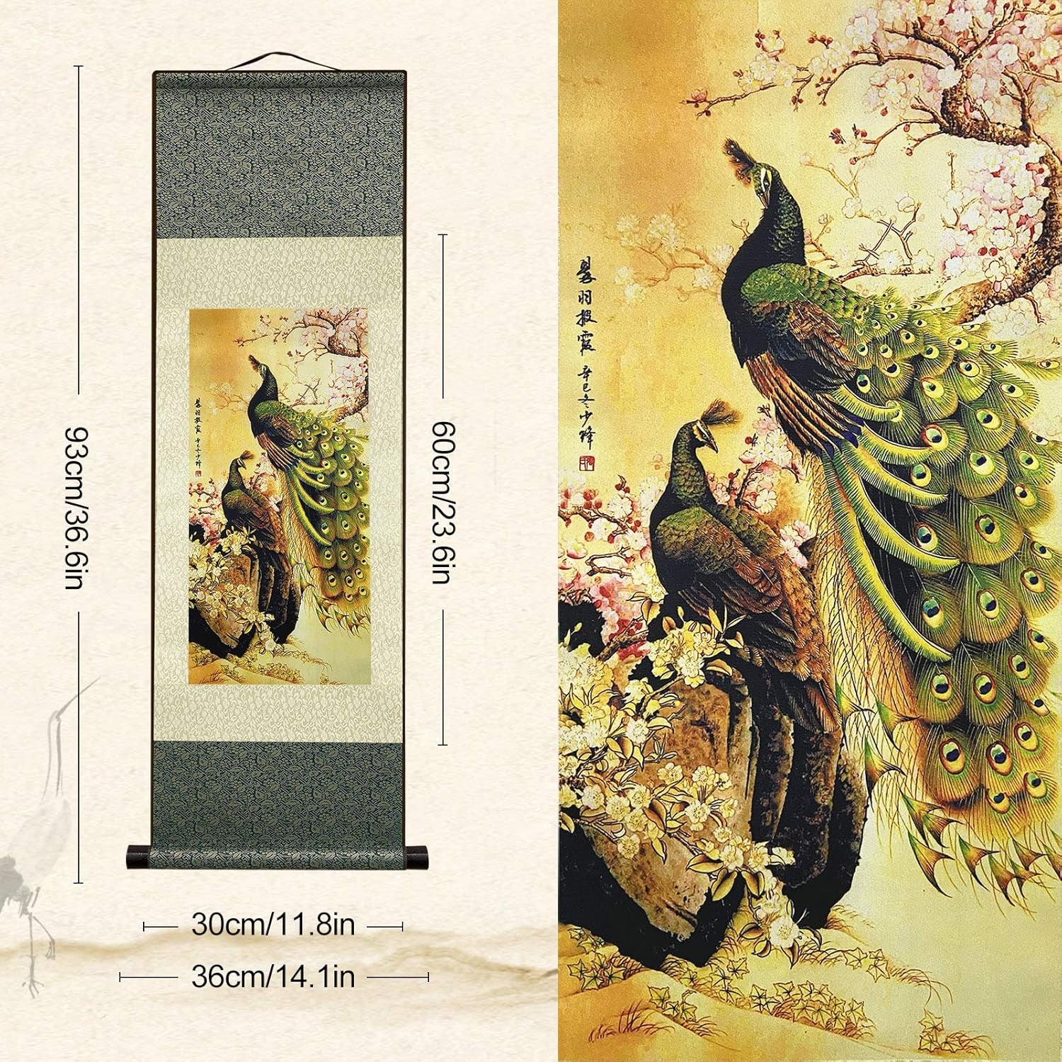 Asian Wall Decor Beautiful Silk Scroll Painting Birds - Peacock - Cuiyu Pixia Oriental Decor Chinese Art Wall Scroll Wall Hanging Painting Scroll (36.2 X 12 In)