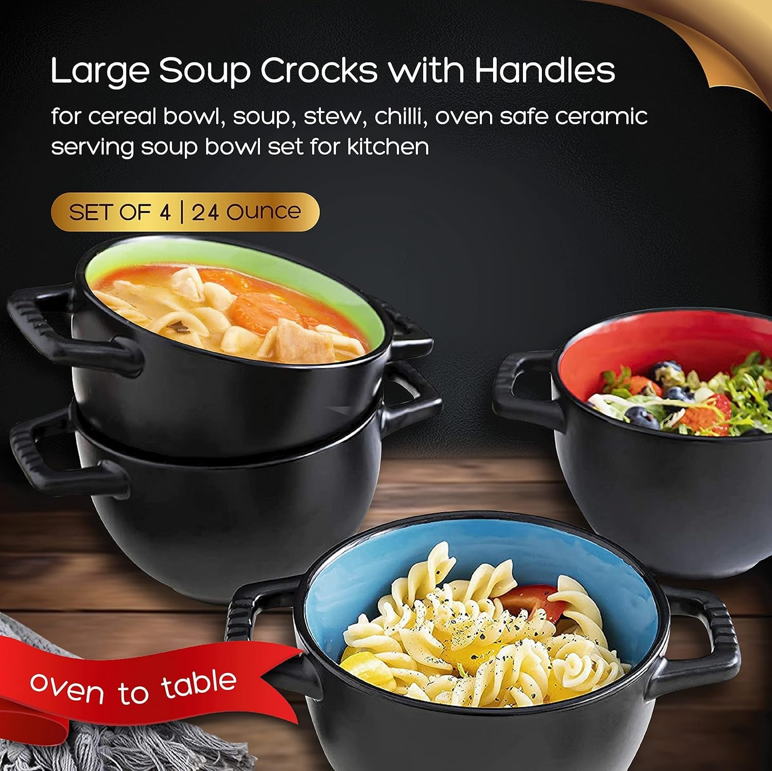 24 Oz French Onion Soup Crocks with Handles, Ceramic Bowls for Rice, Dessert, Pasta, Cereal, Dishwasher, Microwave, Oven & Broil Safe, Set of 4 Soup Mugs, Black/Multicolor