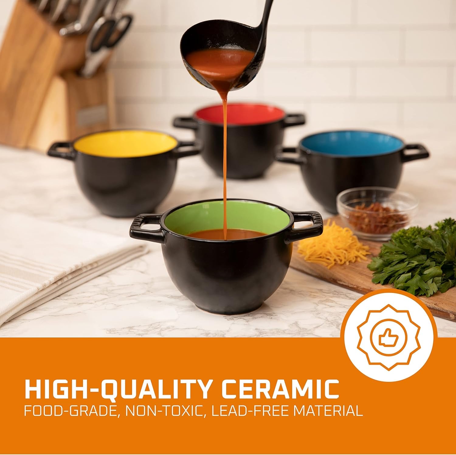 24 Oz French Onion Soup Crocks with Handles, Ceramic Bowls for Rice, Dessert, Pasta, Cereal, Dishwasher, Microwave, Oven & Broil Safe, Set of 4 Soup Mugs, Black/Multicolor