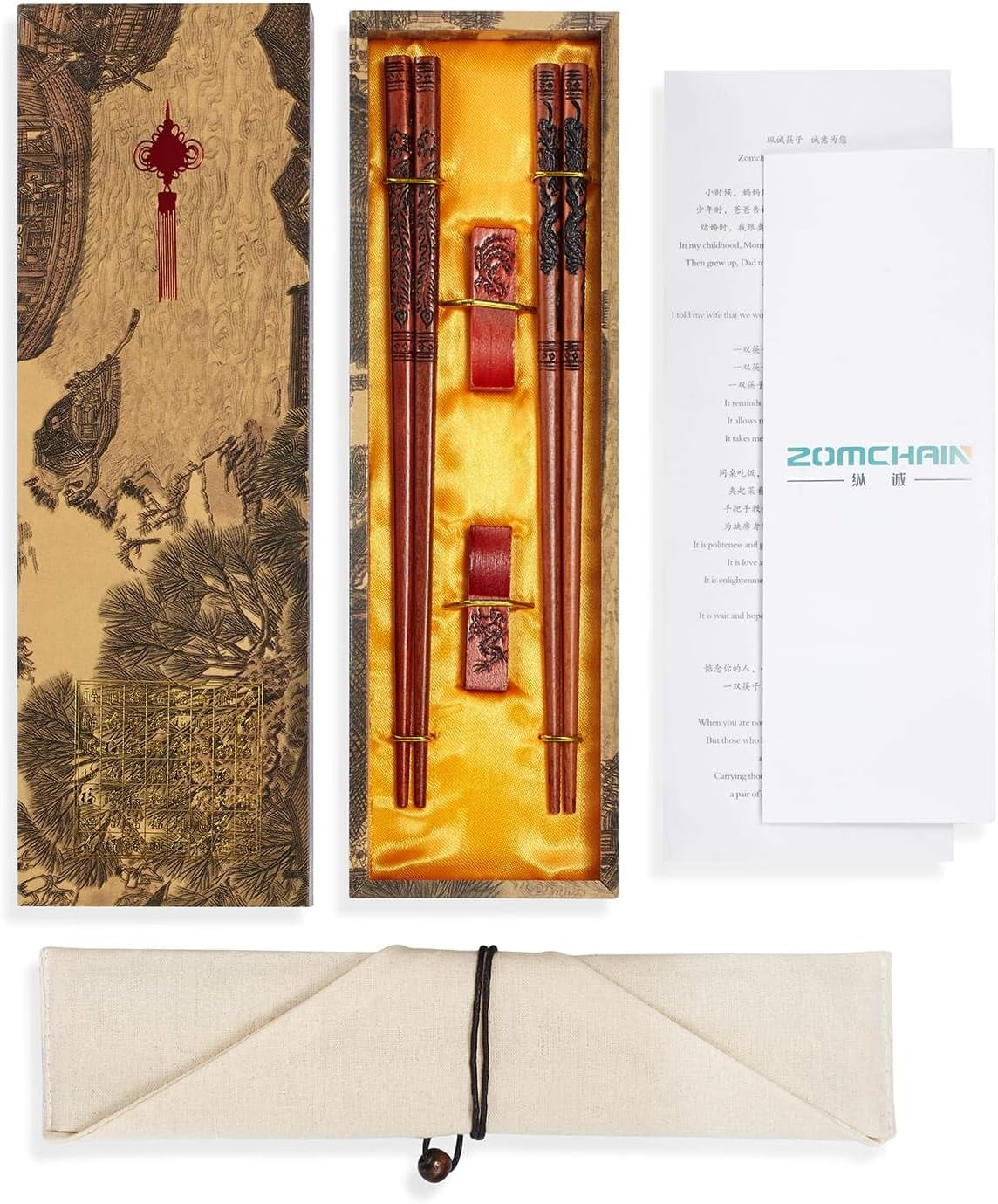 Chopstick Reusable Chinese Dragon and Phoenix Chopsticks with Holder and Carrying Bag Chinese Traditional Stylish Set（2 Pairs）