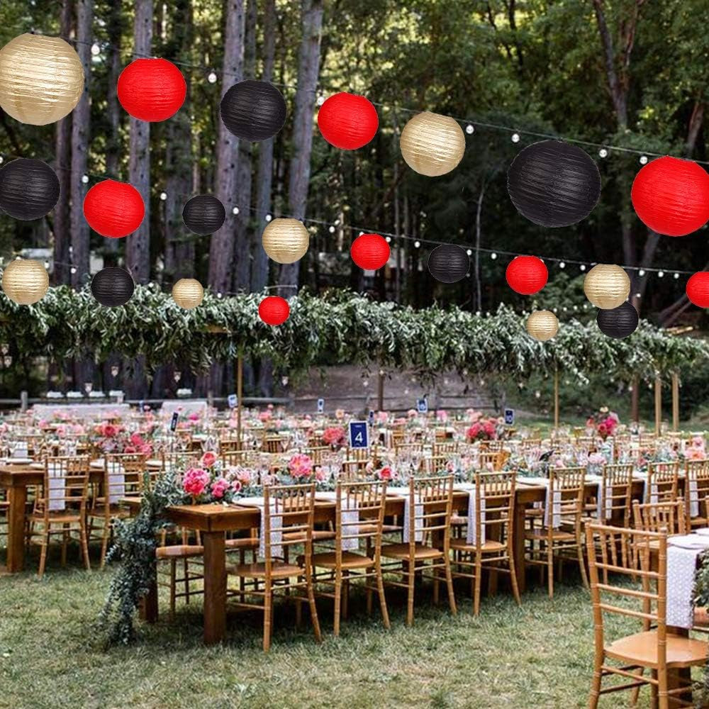 Paper Lanterns Decorative, round Hanging Paper Lanterns Decorations for Wedding Graduation Anniversary Birthday Party Supplies Black/Gold/Red 15Pcs