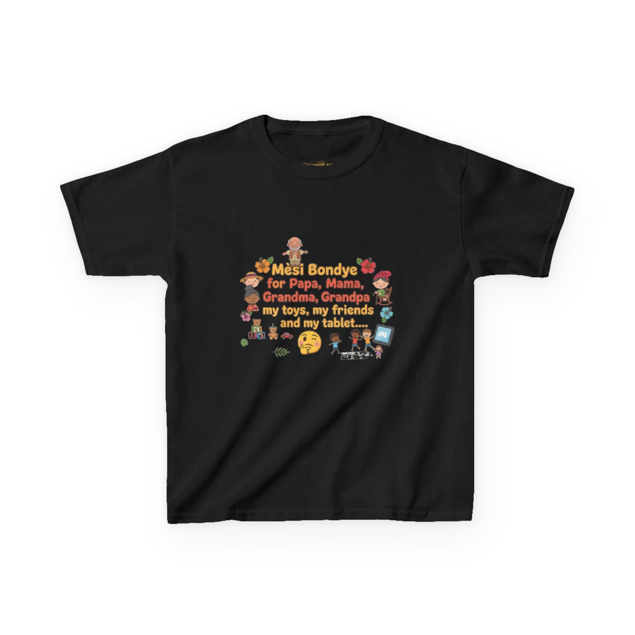 Kids Tee — 'Mèsi Bondye for Papa, Mama, Grandma, Grandpa' Thanksgiving Gratitude Shirt