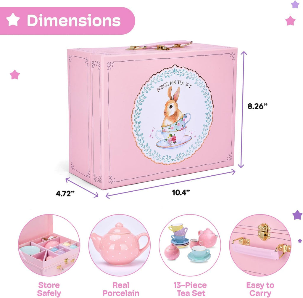 13 Pieces Porcelain Tea Set for Little Girls with Pastel Picnic Basket - Mini Toddler Tea Sets for Girls 2 and up - Real Cups, Teapot, and Saucers - Children Playset - Polka Dots Design