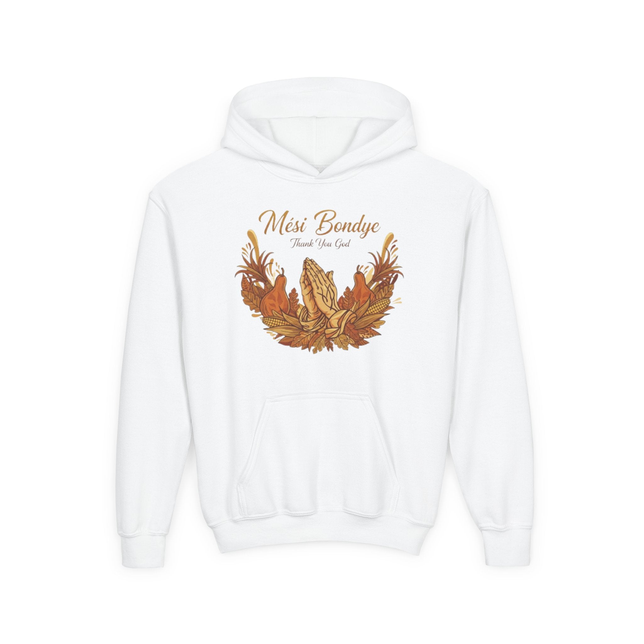 Youth Hoodie — 'Mèsi Bondye Thank You God' Prayer Hands Fall Harvest Design