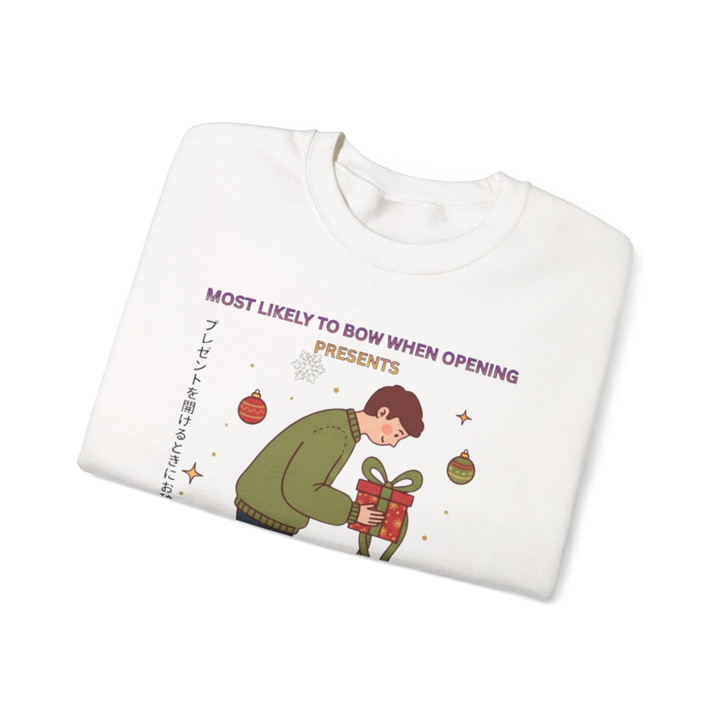 Holiday Bowing Gift Sweatshirt — “Most Likely to Bow When Opening Presents” Crewneck
