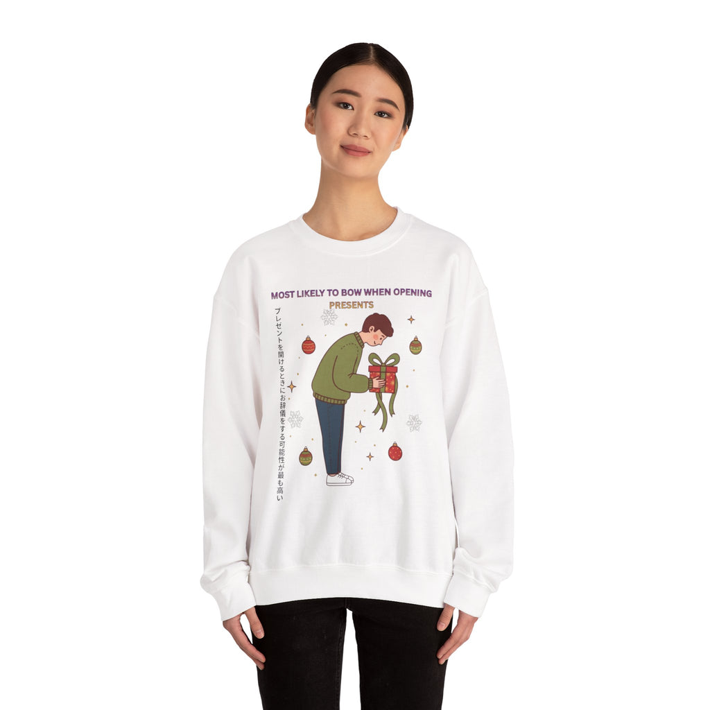Holiday Bowing Gift Sweatshirt — “Most Likely to Bow When Opening Presents” Crewneck