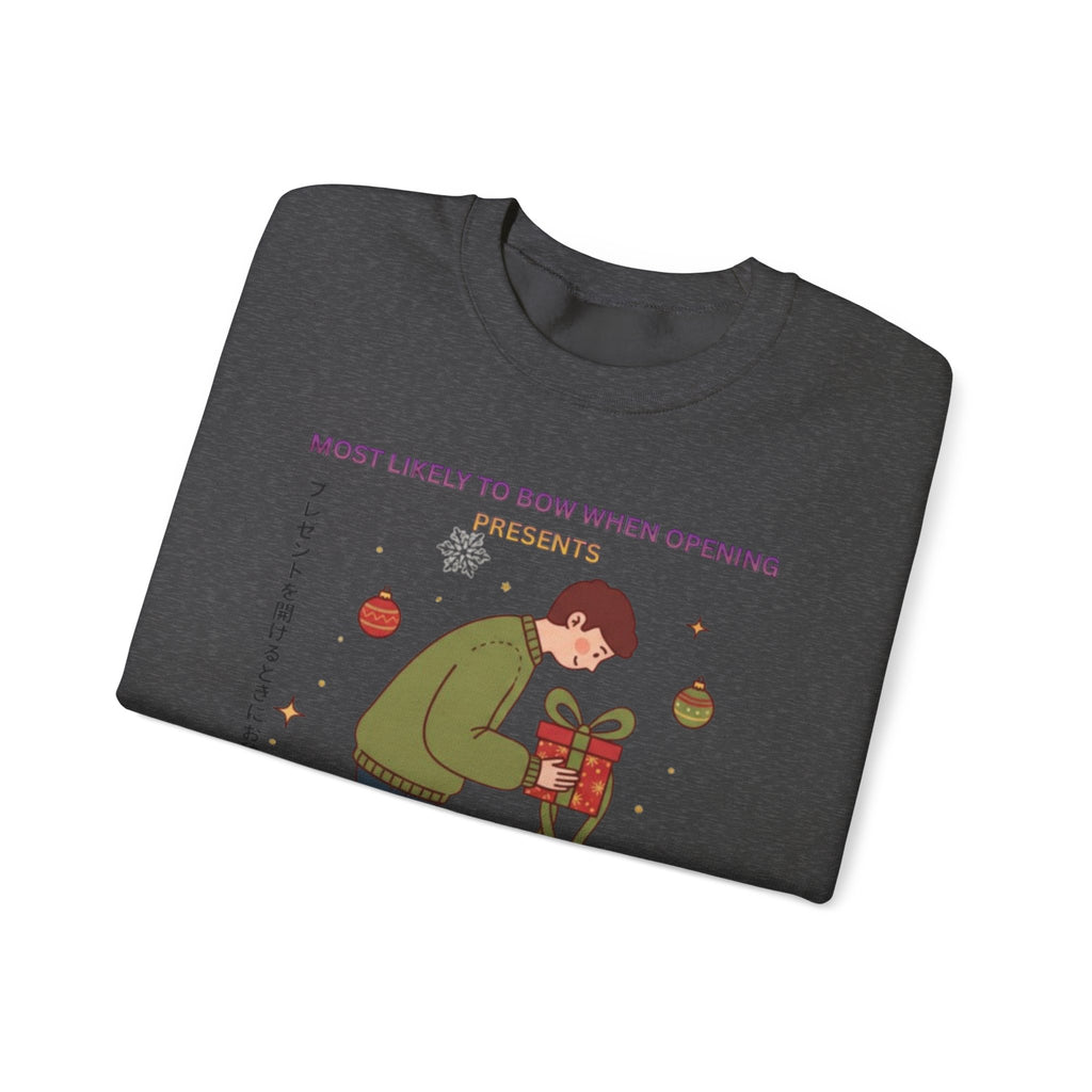 Holiday Bowing Gift Sweatshirt — “Most Likely to Bow When Opening Presents” Crewneck
