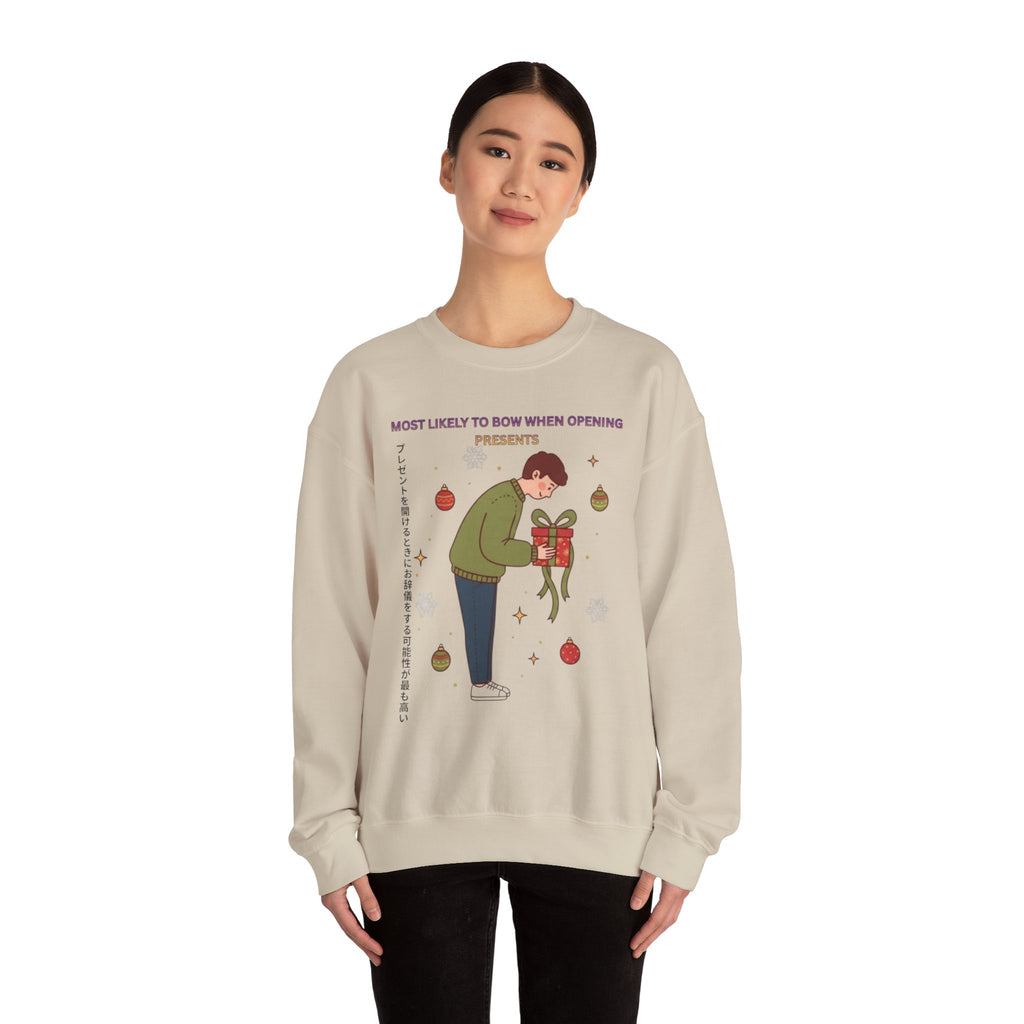 Holiday Bowing Gift Sweatshirt — “Most Likely to Bow When Opening Presents” Crewneck