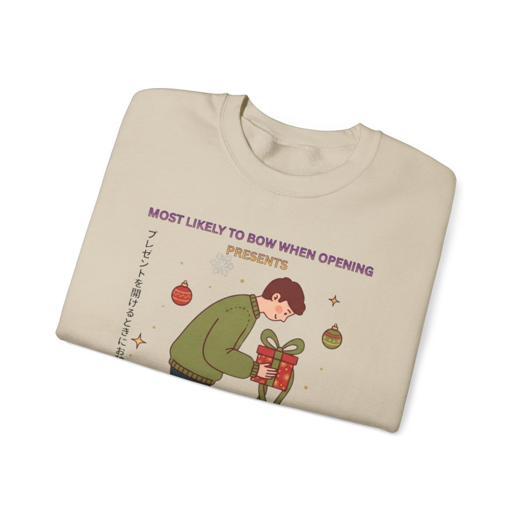 Holiday Bowing Gift Sweatshirt — “Most Likely to Bow When Opening Presents” Crewneck