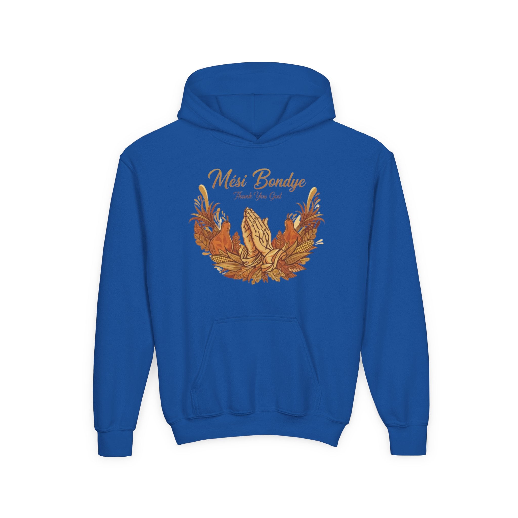 Youth Hoodie — 'Mèsi Bondye Thank You God' Prayer Hands Fall Harvest Design