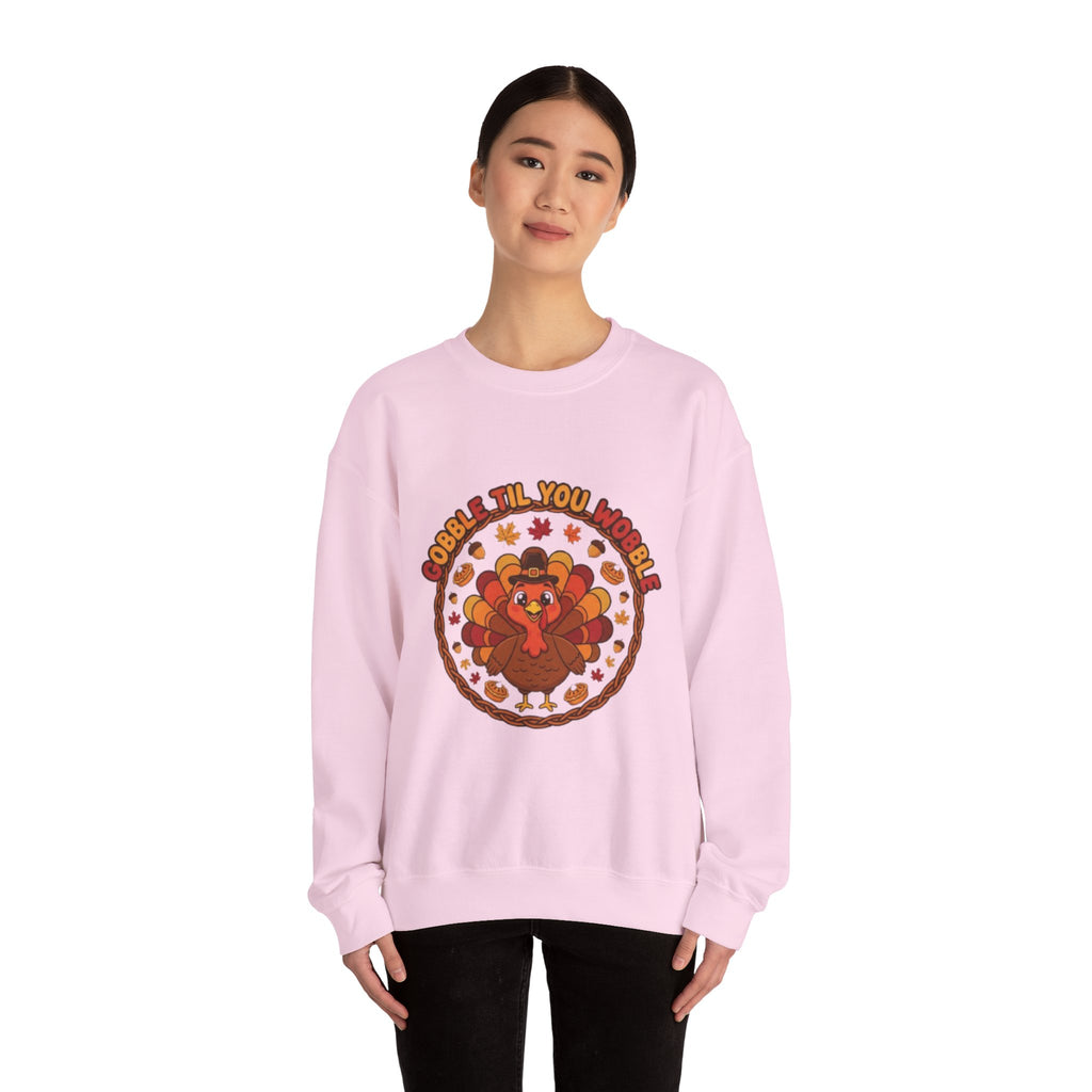 Thanksgiving Sweatshirt — "Gobble ’Til You Wobble" Cute Retro Turkey Crewneck