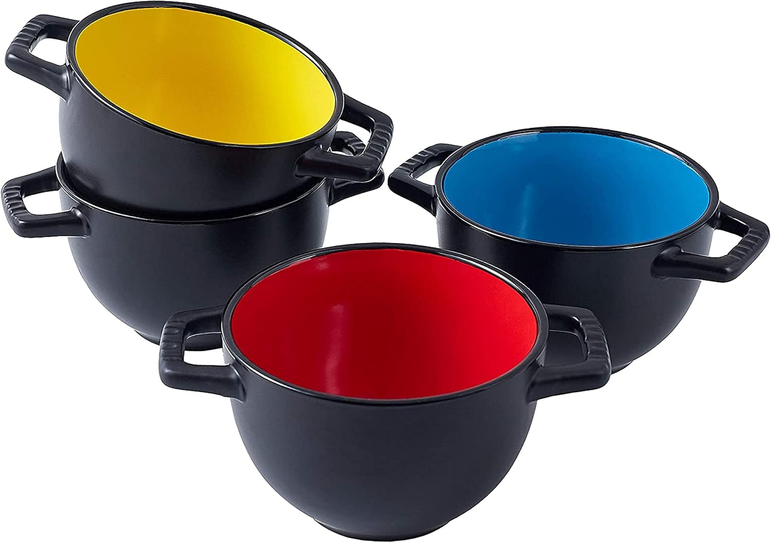 24 Oz French Onion Soup Crocks with Handles, Ceramic Bowls for Rice, Dessert, Pasta, Cereal, Dishwasher, Microwave, Oven & Broil Safe, Set of 4 Soup Mugs, Black/Multicolor