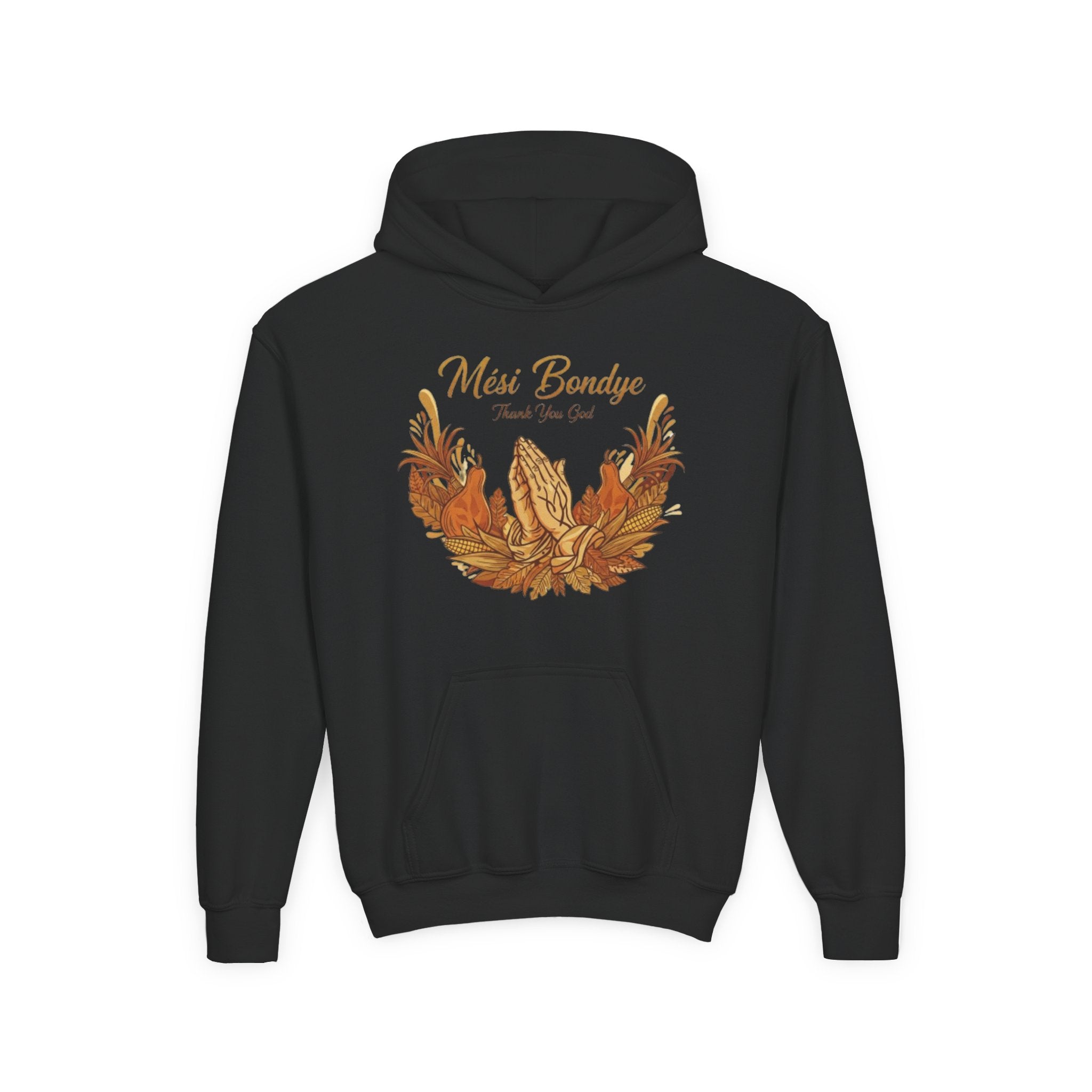 Youth Hoodie — 'Mèsi Bondye Thank You God' Prayer Hands Fall Harvest Design