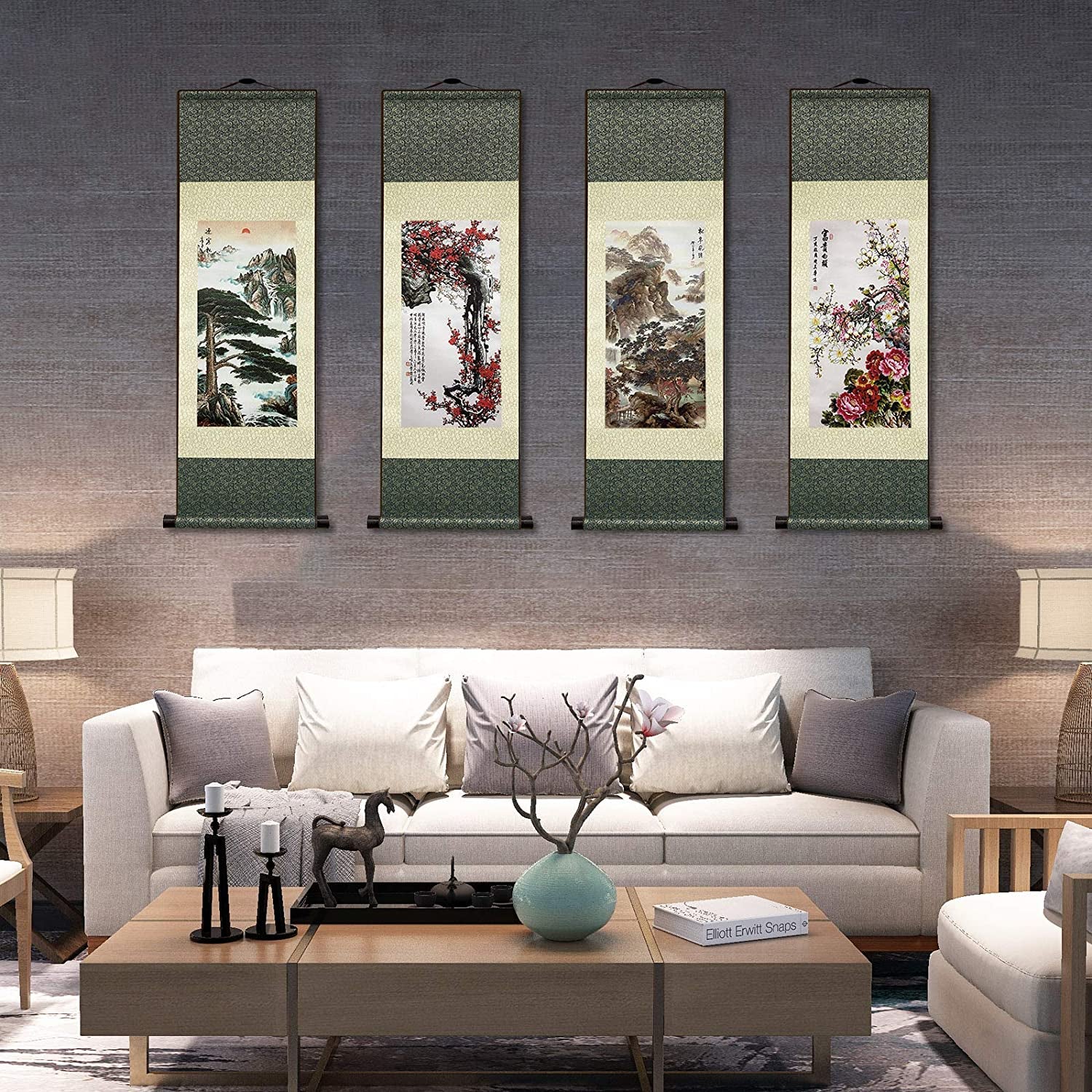 Asian Wall Decor Beautiful Silk Scroll Painting Deterrence Tiger Oriental Decor Chinese Art Wall Scroll Wall Hanging Painting Scroll (36.2 X 12 In)