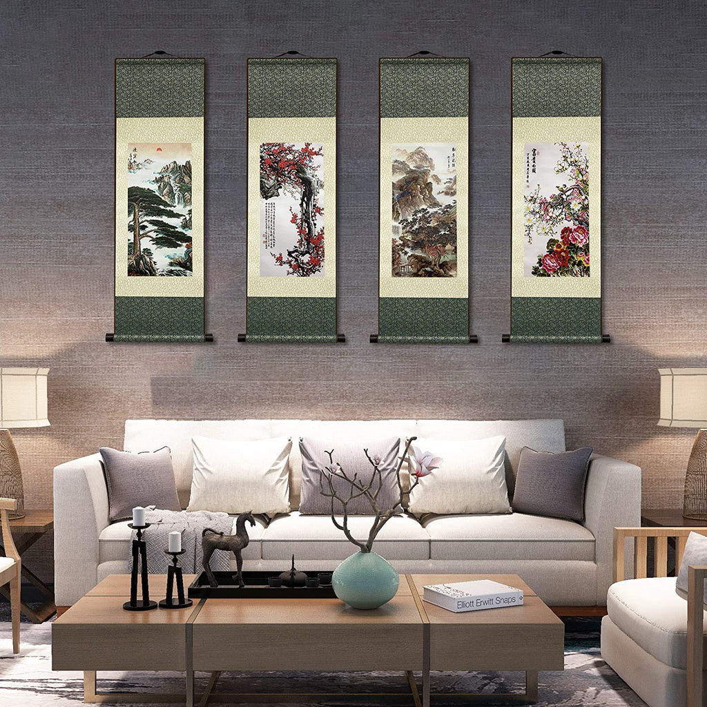 Asian Wall Decor Beautiful Silk Scroll Painting Birds - Peacock - Cuiyu Pixia Oriental Decor Chinese Art Wall Scroll Wall Hanging Painting Scroll (36.2 X 12 In)
