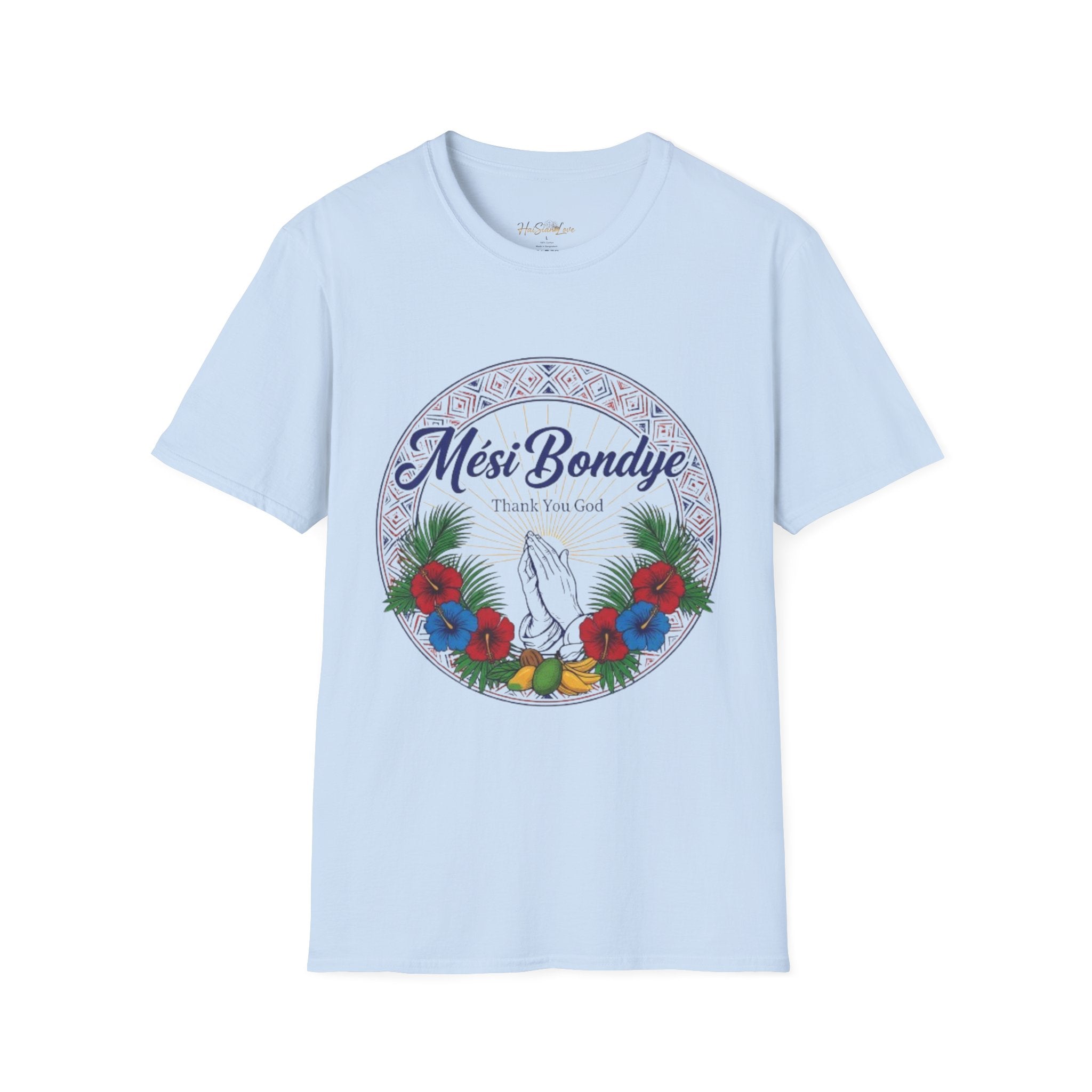 Mèsi Bondye Prayer T-Shirt — Haitian Creole "Thank You God" Floral Tee