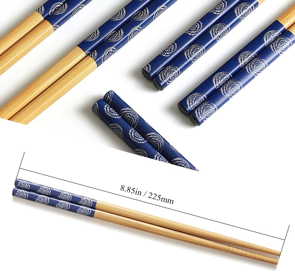 5-Pair Bamboo Chopsticks Reusable Classic Japanese Chop Sticks Gift Set, Dishwasher Safe, Hand-Carved 8.8 Inch/22.5Cm (Blue round Chopsticks with Box)