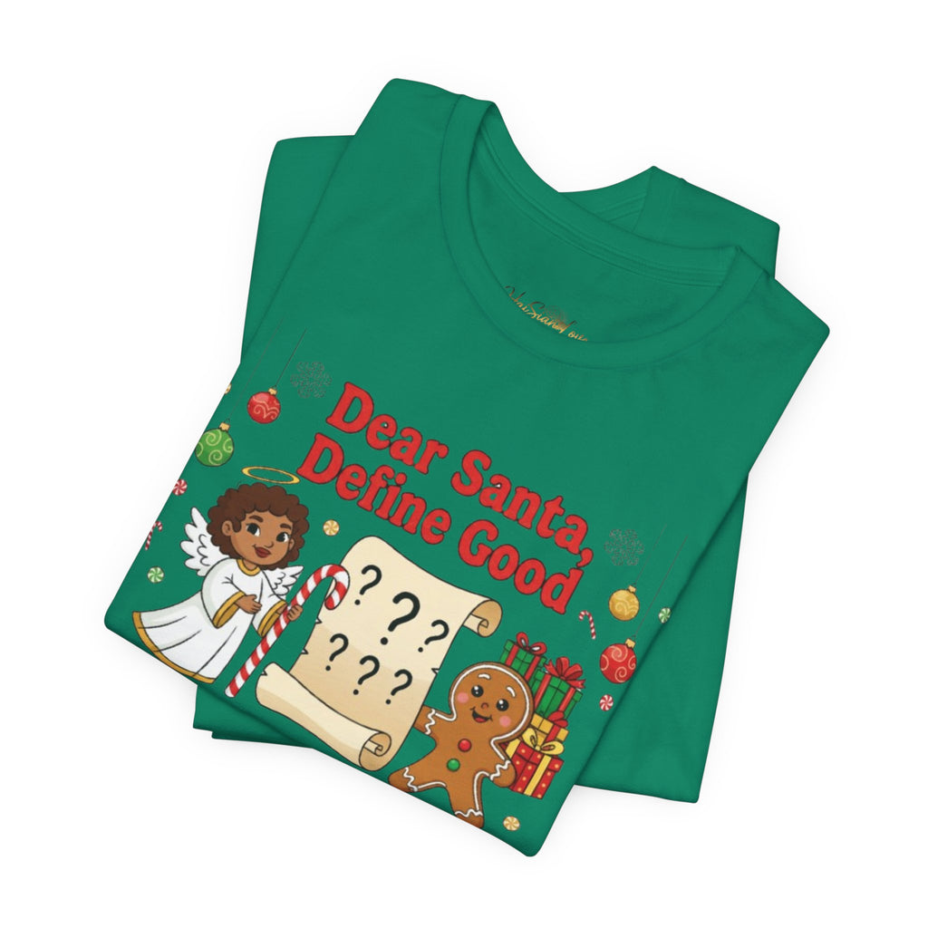 Dear Santa Define Good Christmas Tee — Cute Kids Holiday Shirt with Gingerbread & List