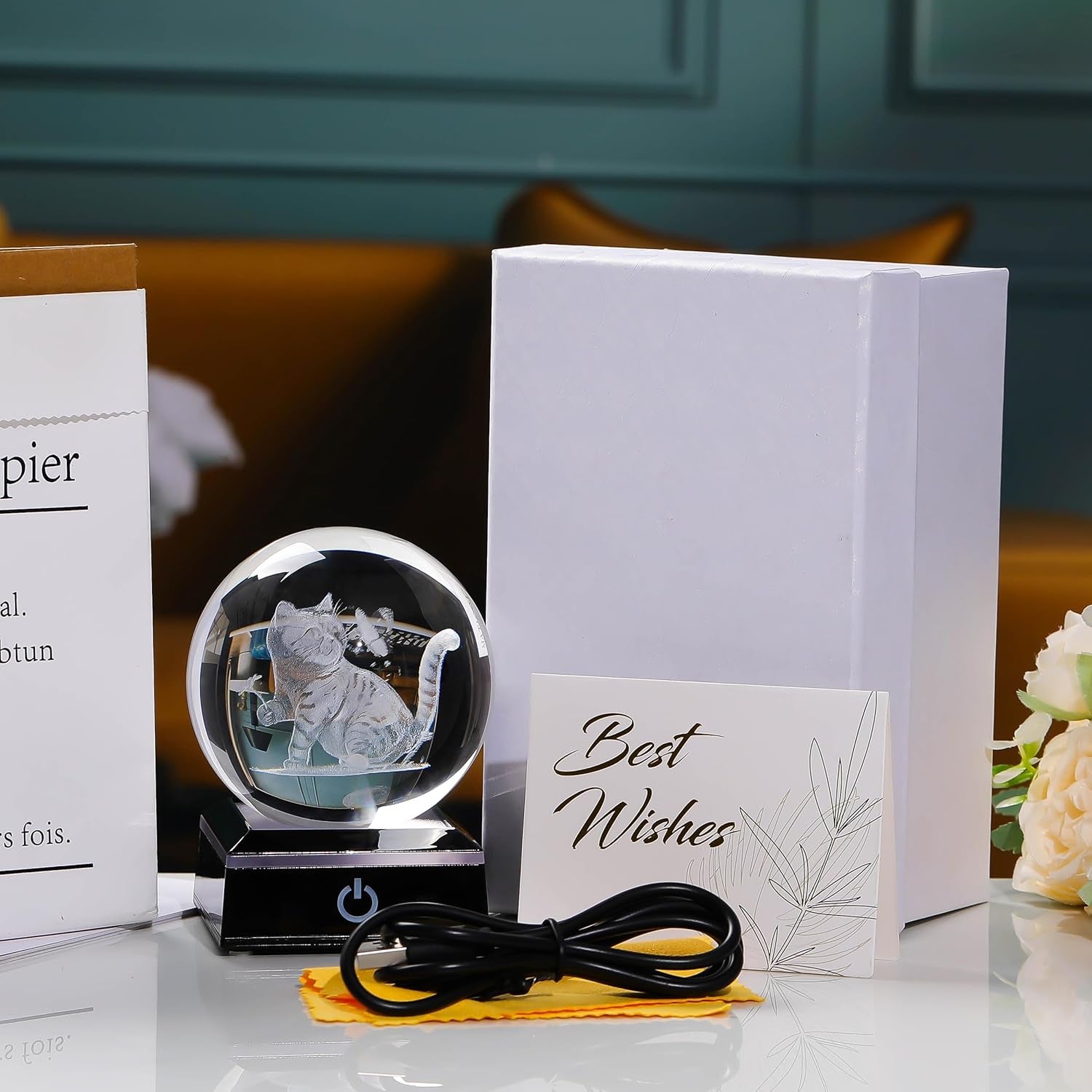 Crystal Ball - 3D Laser Cat Decor Glass Animals Red Bird Figurines Statue & Night Light