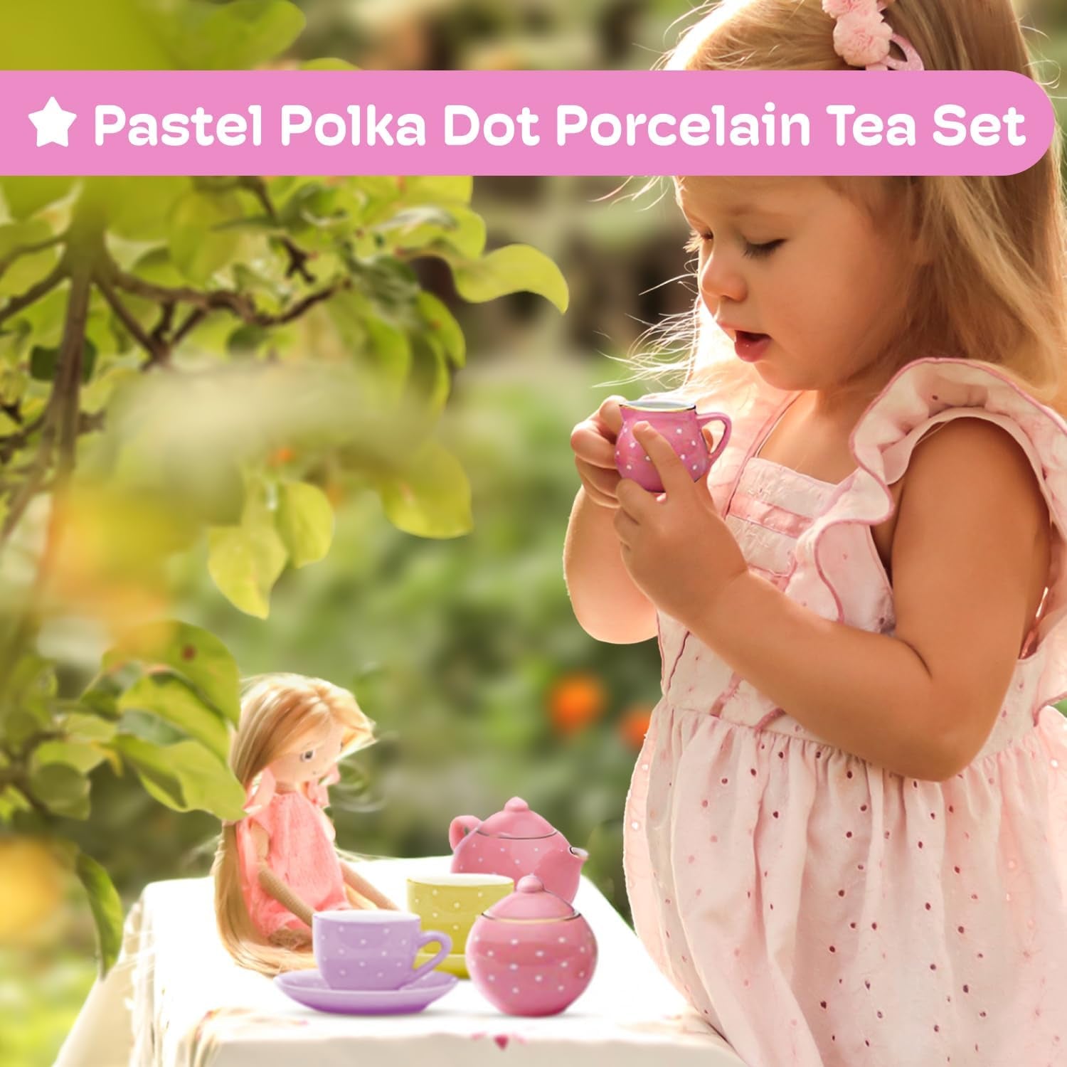 13 Pieces Porcelain Tea Set for Little Girls with Pastel Picnic Basket - Mini Toddler Tea Sets for Girls 2 and up - Real Cups, Teapot, and Saucers - Children Playset - Polka Dots Design