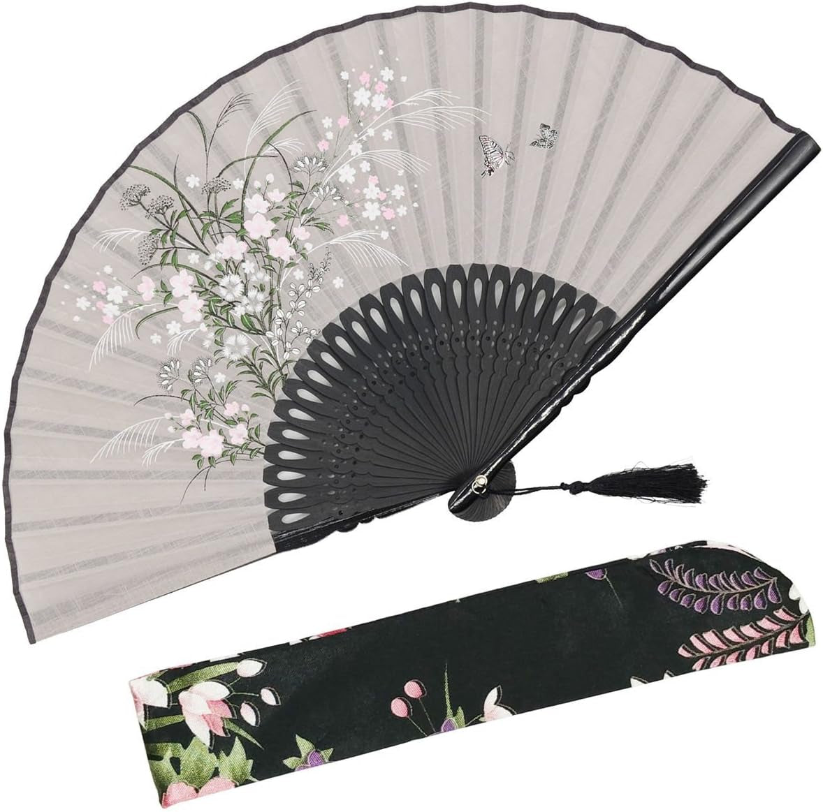 ® "Grassflowers 8.27"(21Cm) Hand Held Folding Fans - with a Fabric Sleeve for Protection for Gifts - Chinese/Japanese Vintage Retro Style (Gray)