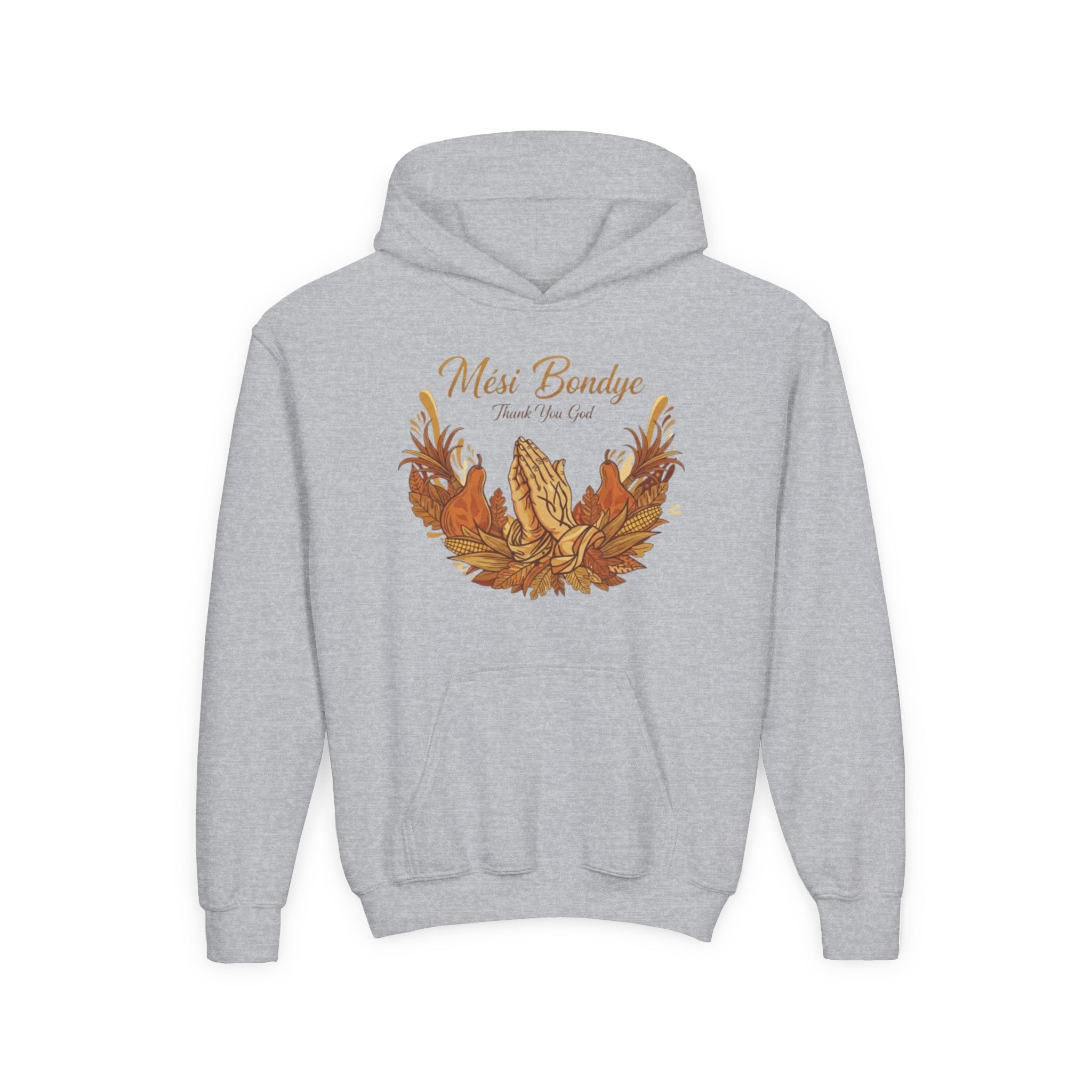 Youth Hoodie — 'Mèsi Bondye Thank You God' Prayer Hands Fall Harvest Design