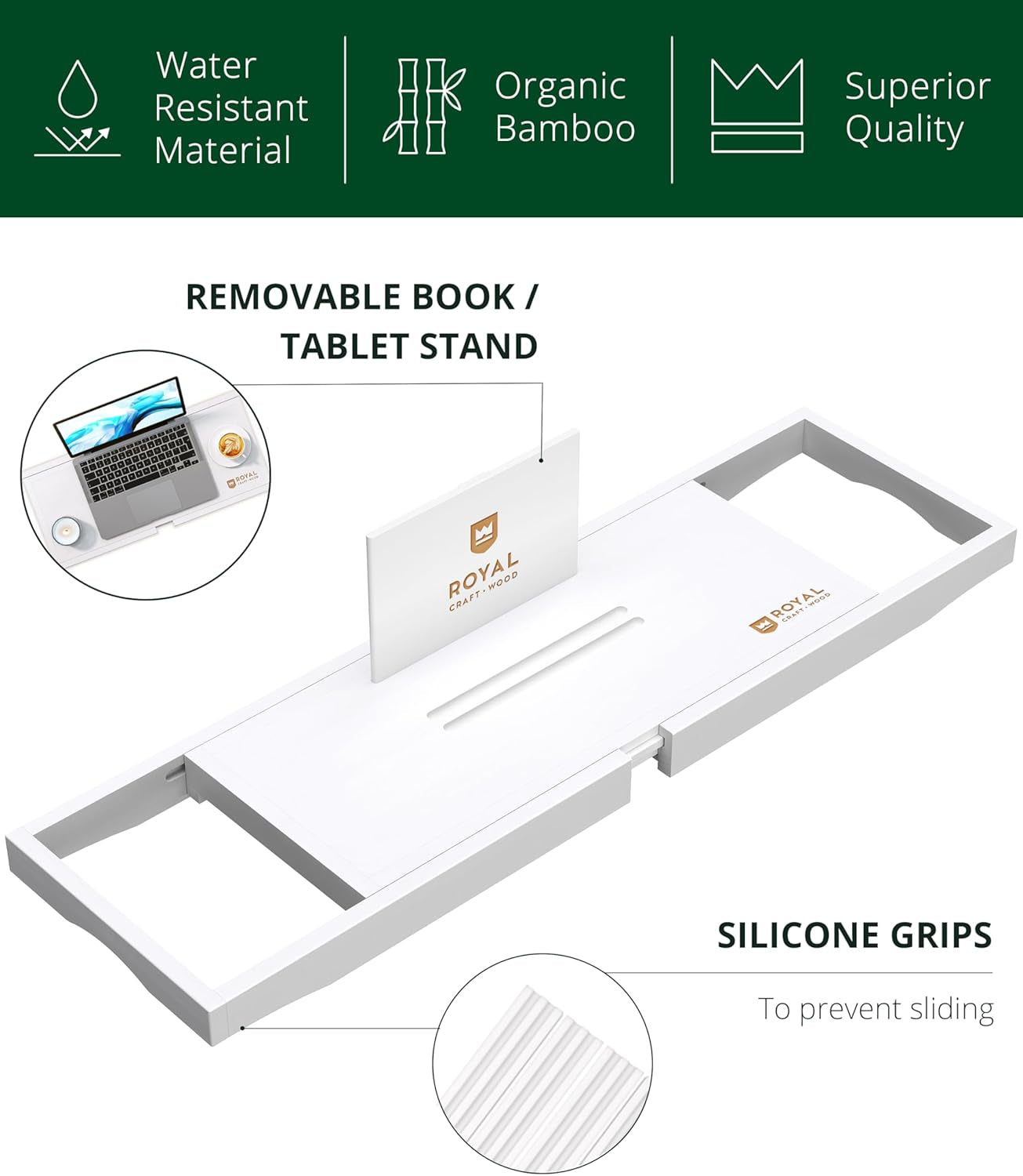 Premium Bathtub Tray - Expandable Bath Tray for Tub - Luxury Bathtub & Bathroom Accessories