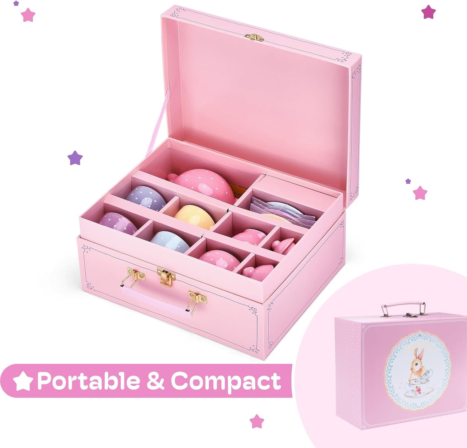 13 Pieces Porcelain Tea Set for Little Girls with Pastel Picnic Basket - Mini Toddler Tea Sets for Girls 2 and up - Real Cups, Teapot, and Saucers - Children Playset - Polka Dots Design