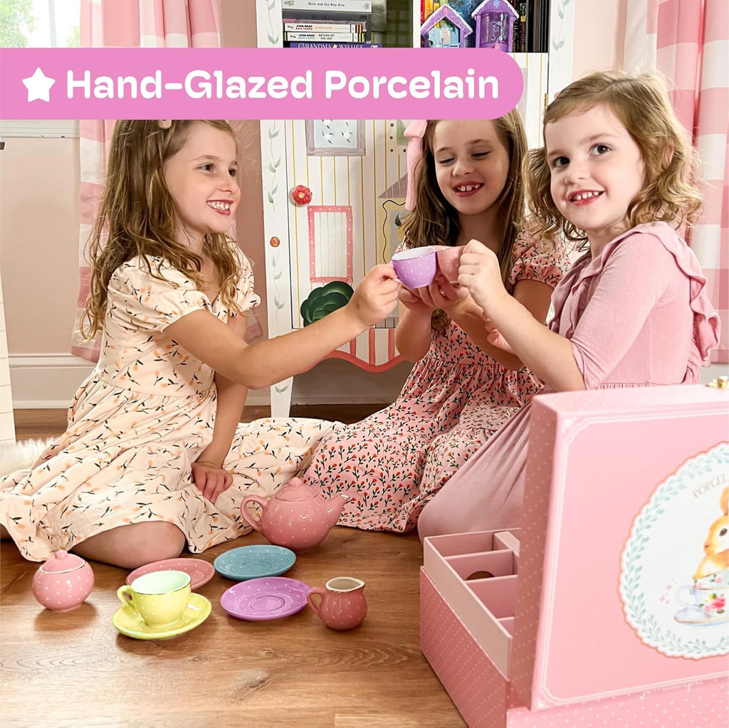 13 Pieces Porcelain Tea Set for Little Girls with Pastel Picnic Basket - Mini Toddler Tea Sets for Girls 2 and up - Real Cups, Teapot, and Saucers - Children Playset - Polka Dots Design