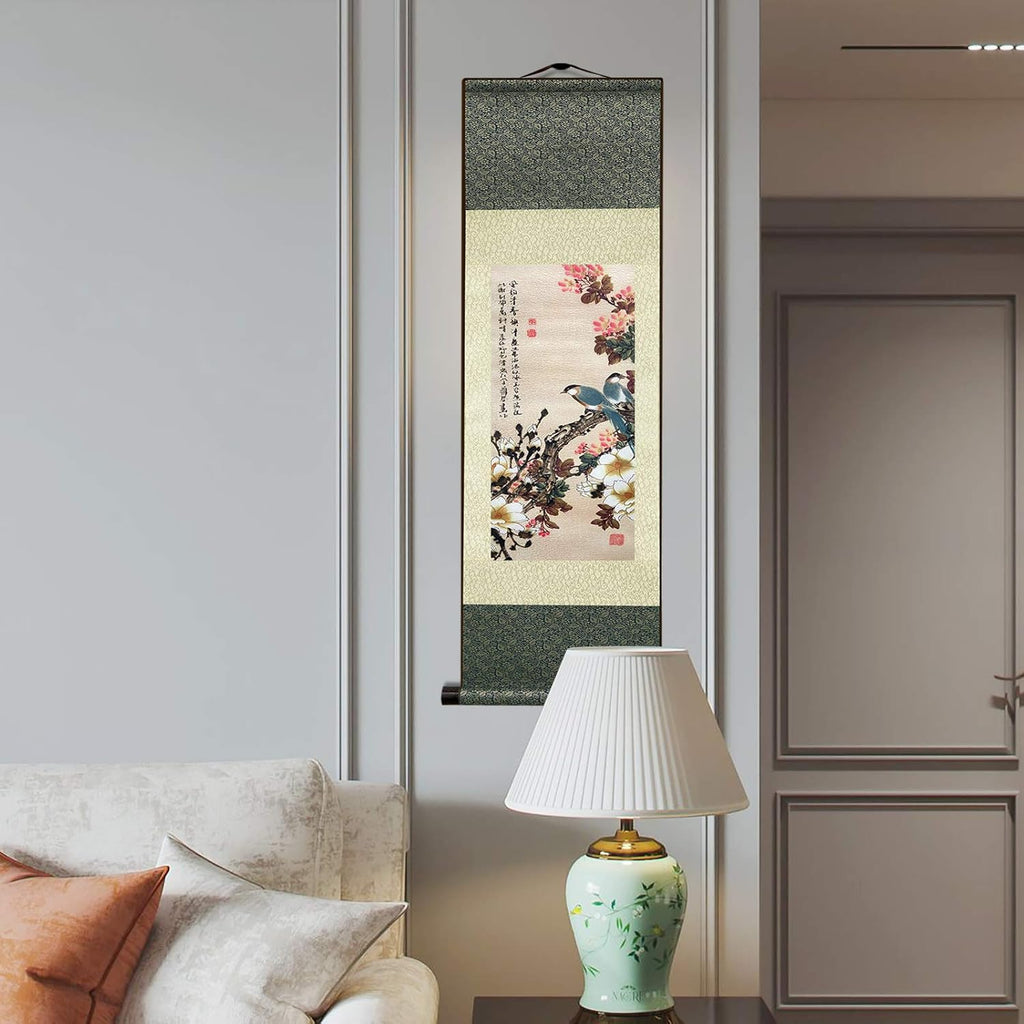Asian Wall Decor Beautiful Silk Scroll Painting Flowers and Birds Oriental Decor Chinese Art Wall Scroll Wall Hanging Painting Scroll (36.2 X 12 In)
