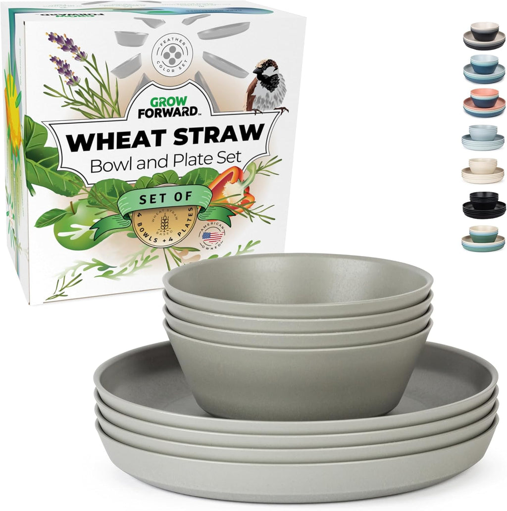 Premium Wheat Straw Plates and Bowls Sets - 8-Piece Wheat Straw Dinnerware Sets - Unbreakable & Reusable Microwave Safe Plastic Dinner Plates for Outdoors, RV, Camping Dishes - Feather
