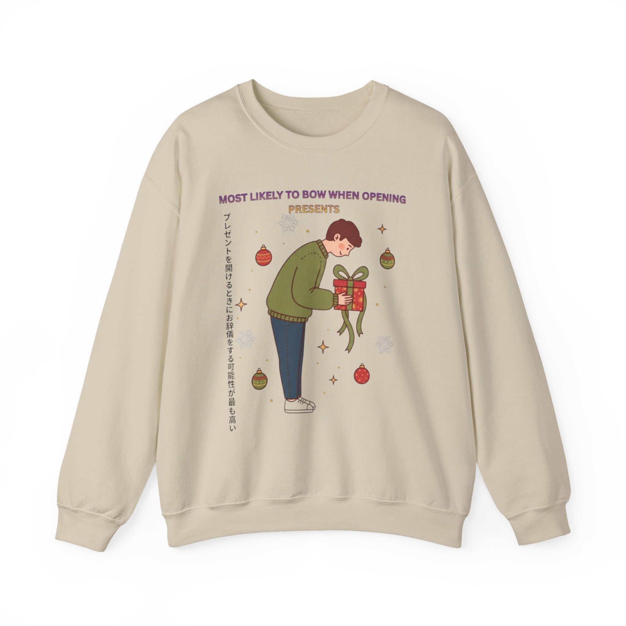 Holiday Bowing Gift Sweatshirt — “Most Likely to Bow When Opening Presents” Crewneck