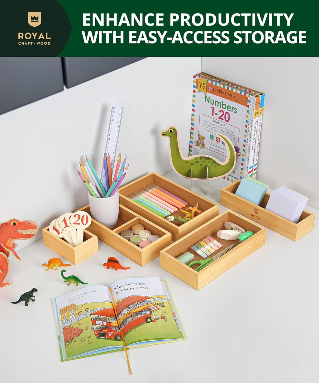 5-Piece Bamboo Drawer Organizer Set – Multi-Use Storage Trays for Kitchen, Bathroom, Office, Makeup, Jewelry & More – Junk Drawer Tray, Utensil Holder, Storage Box & Bin Set (5 Boxes)