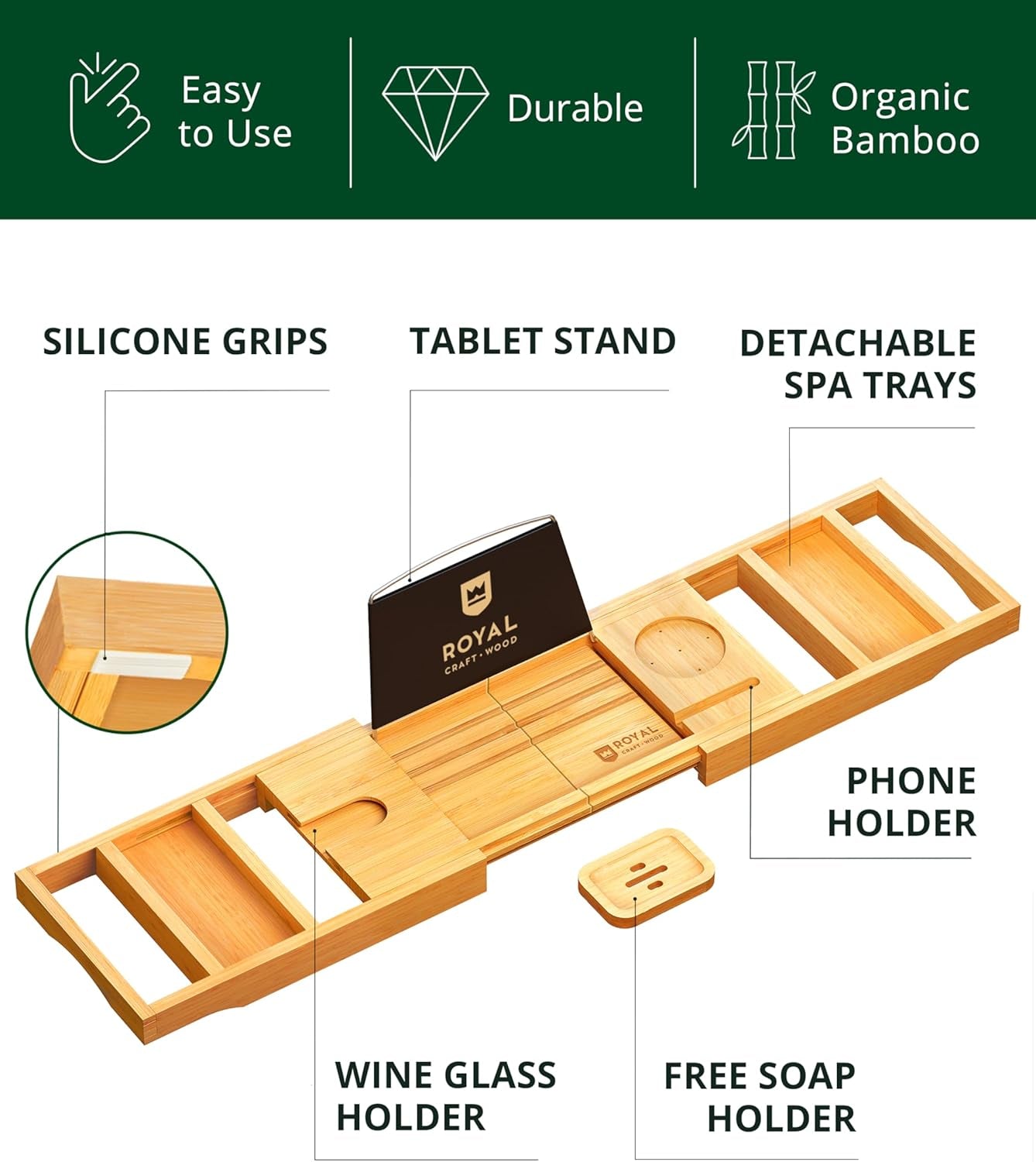 Bathtub Tray Caddy for Tub, Bamboo Bath Shelf, Premium Foldable Wood Bath Table, Expandable Bathtub & Bathroom Accessories, New Home Gifts for Mom, Housewarming, Anniversary, Wedding