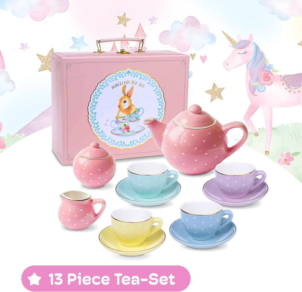 13 Pieces Porcelain Tea Set for Little Girls with Pastel Picnic Basket - Mini Toddler Tea Sets for Girls 2 and up - Real Cups, Teapot, and Saucers - Children Playset - Polka Dots Design