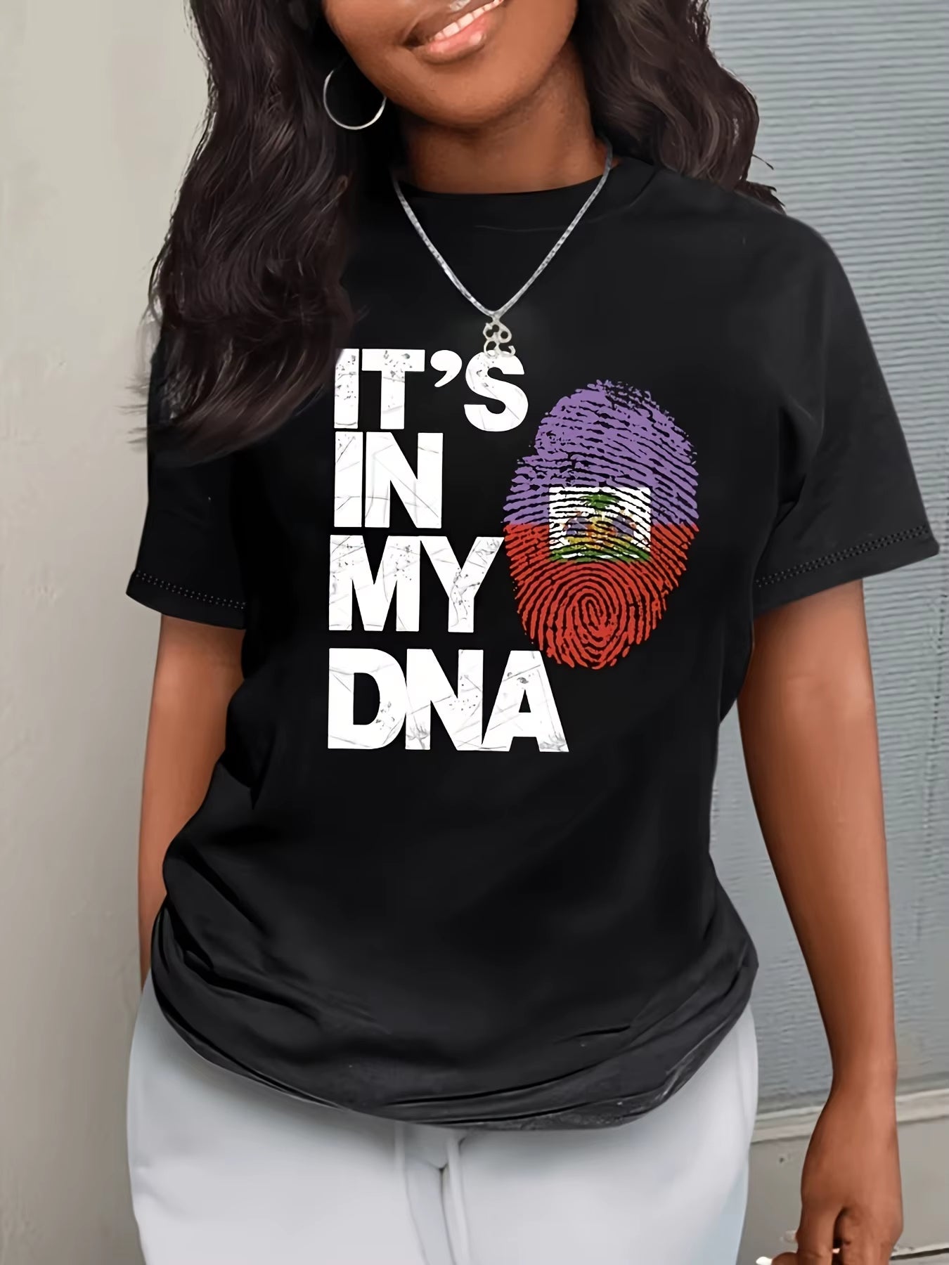IT'S in MY DNA Print Haitian Flag Crew Neck T-Shirt, Casual Short Sleeve T-Shirt for Summer, Women'S Clothing