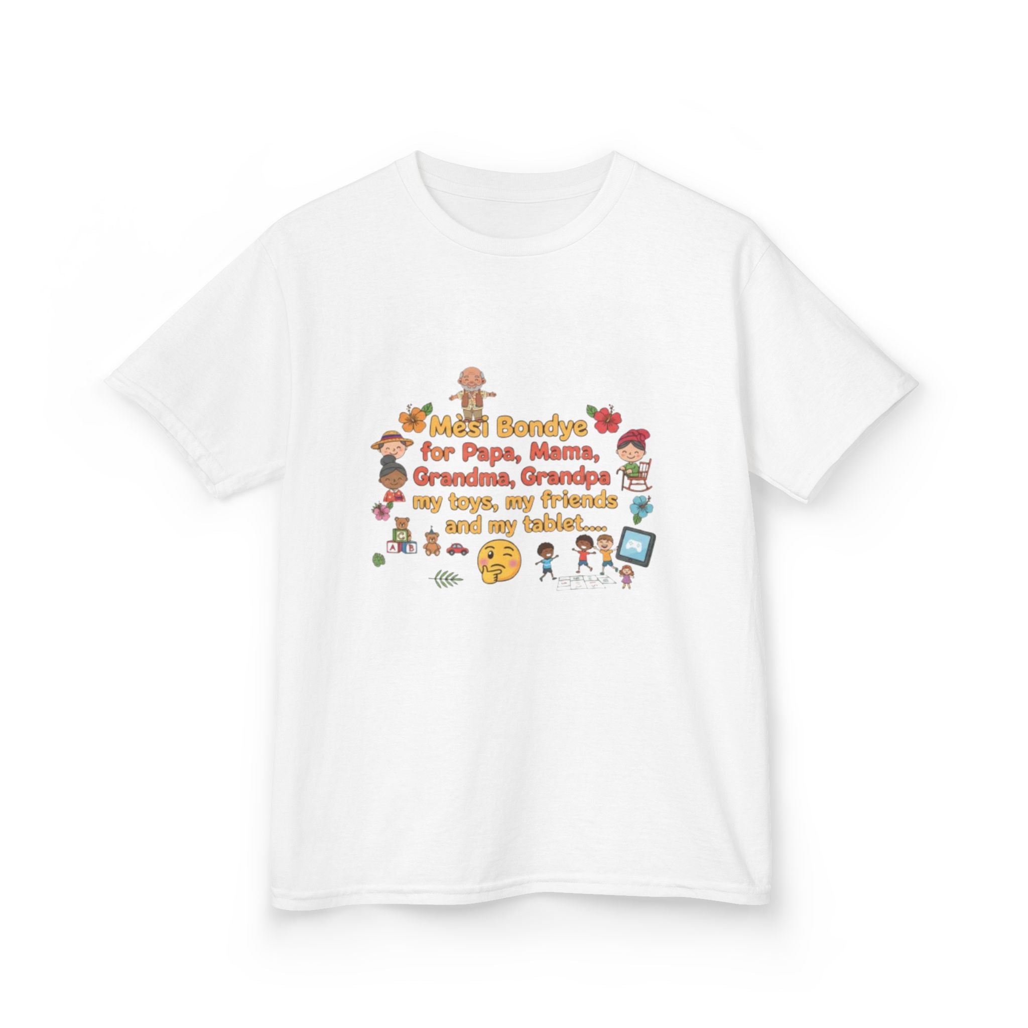 Kids Tee — 'Mèsi Bondye for Papa, Mama, Grandma, Grandpa' Thanksgiving Gratitude Shirt