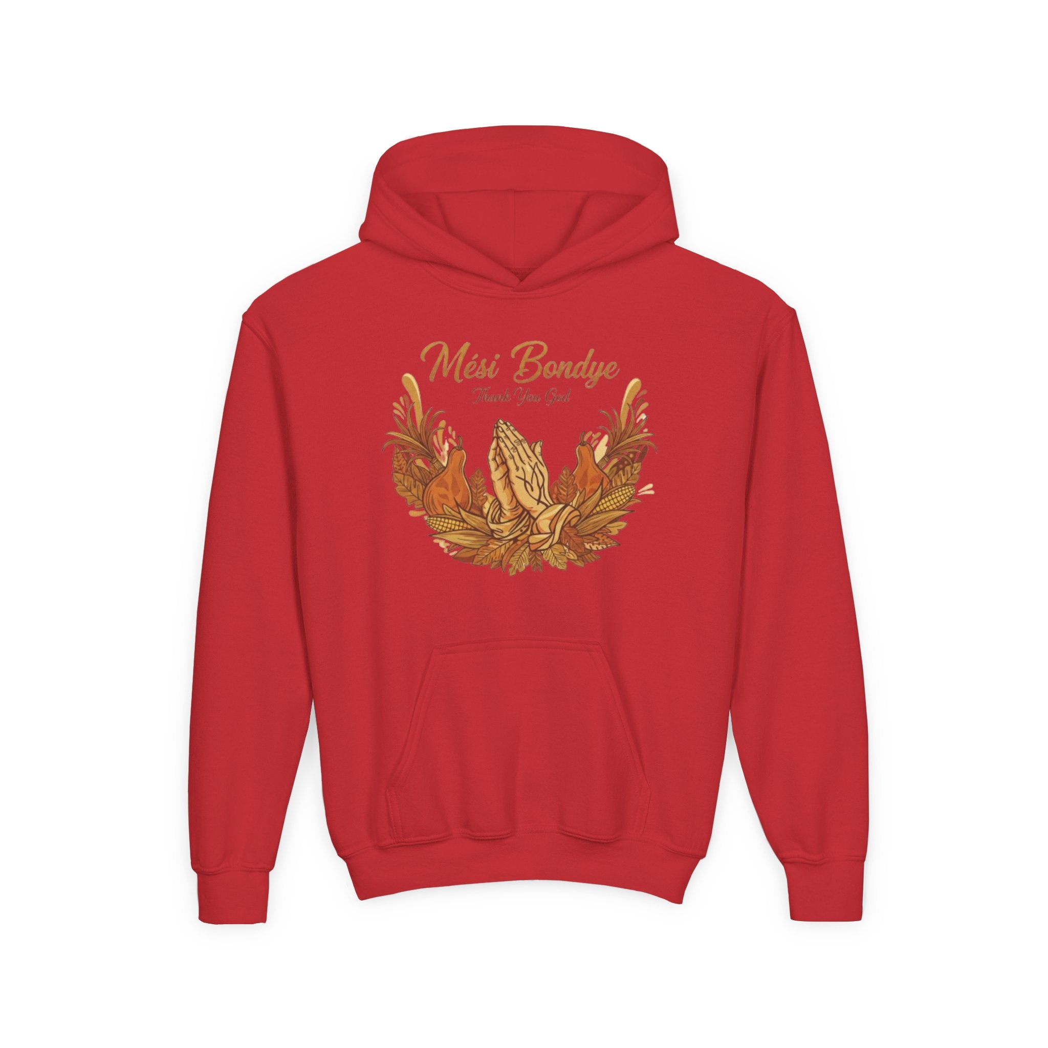 Youth Hoodie — 'Mèsi Bondye Thank You God' Prayer Hands Fall Harvest Design
