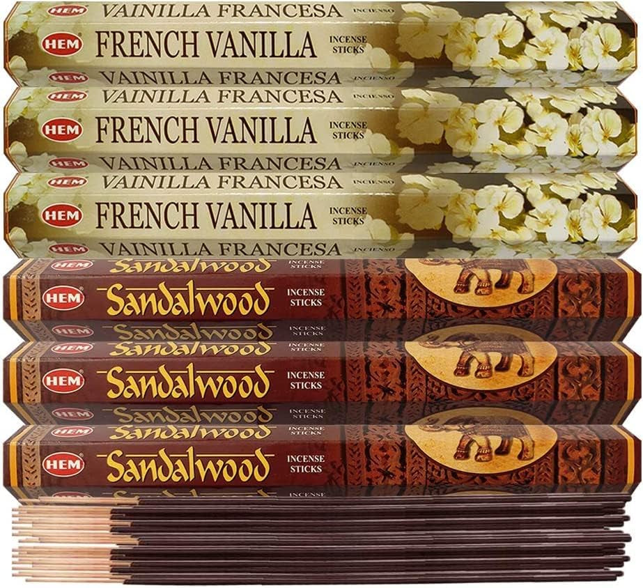 Sandalwood Incense Sticks and French Vanilla Incense Sticks with Incense Holder Bundle for Home Fragrance and Spiritual Décor