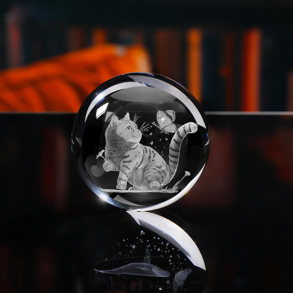 Crystal Ball - 3D Laser Cat Decor Glass Animals Red Bird Figurines Statue & Night Light