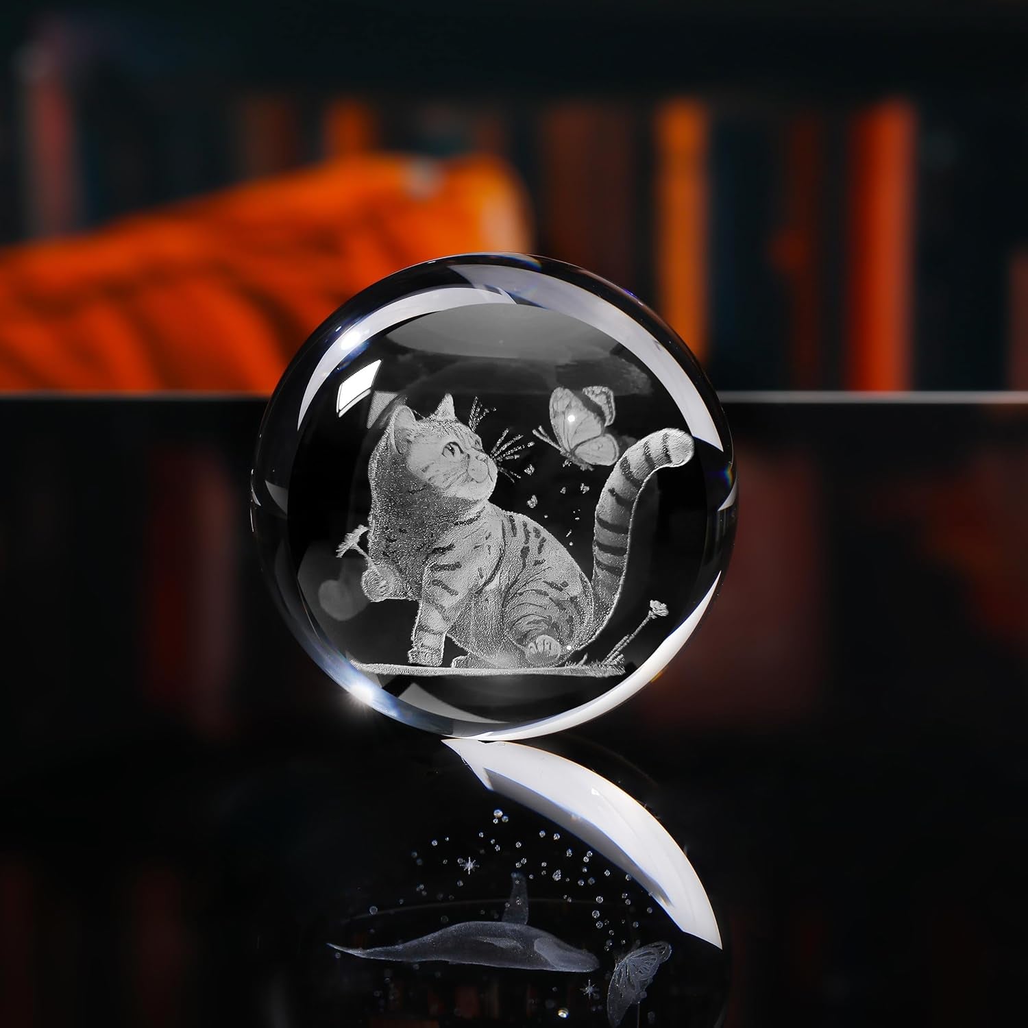 Crystal Ball - 3D Laser Cat Decor Glass Animals Red Bird Figurines Statue & Night Light